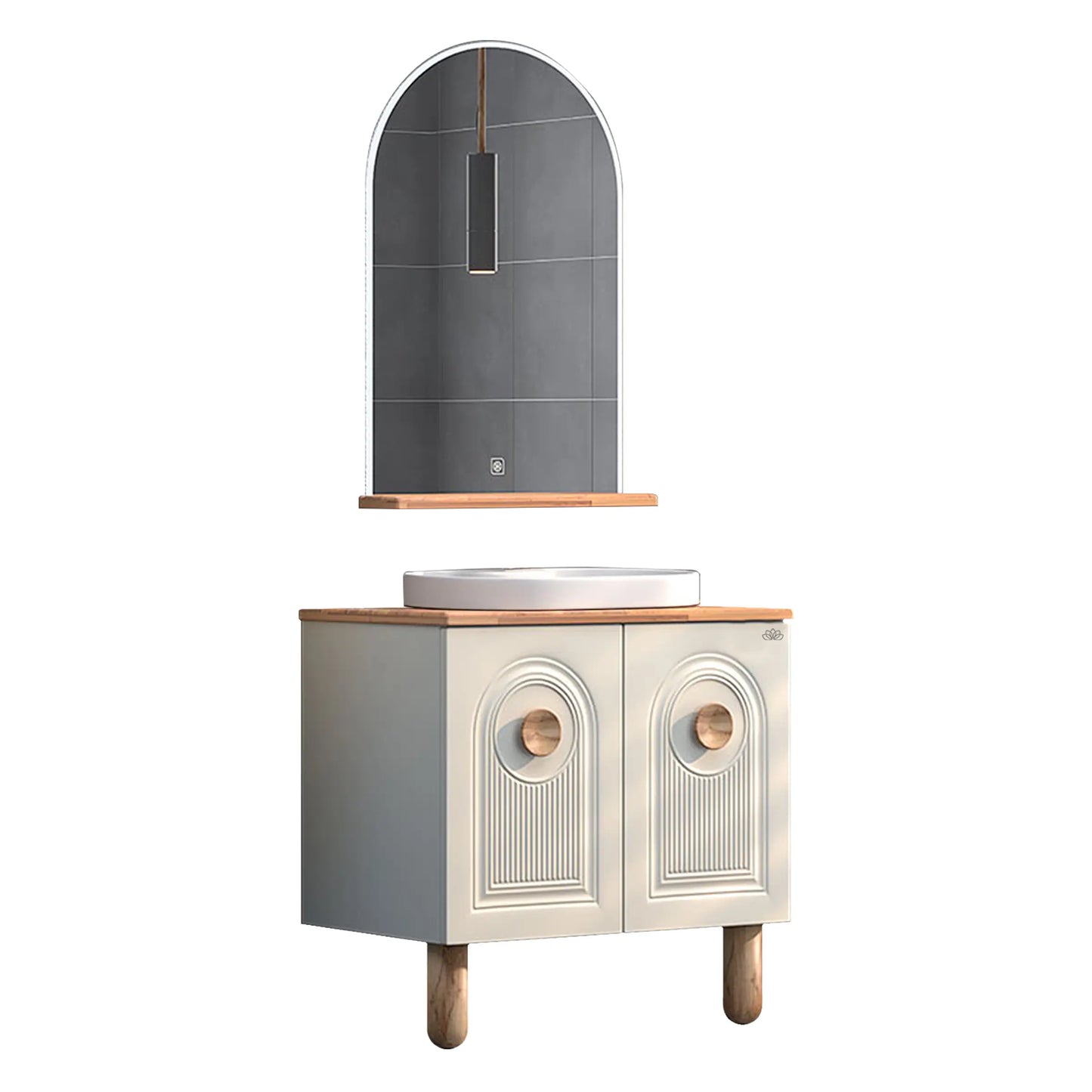 80 cm Arte banyo mobilyası, aytaşı renkli masif tezgah üstü gömme lavabolu alt modül ve dokunmatik ledli açık raflı ayna