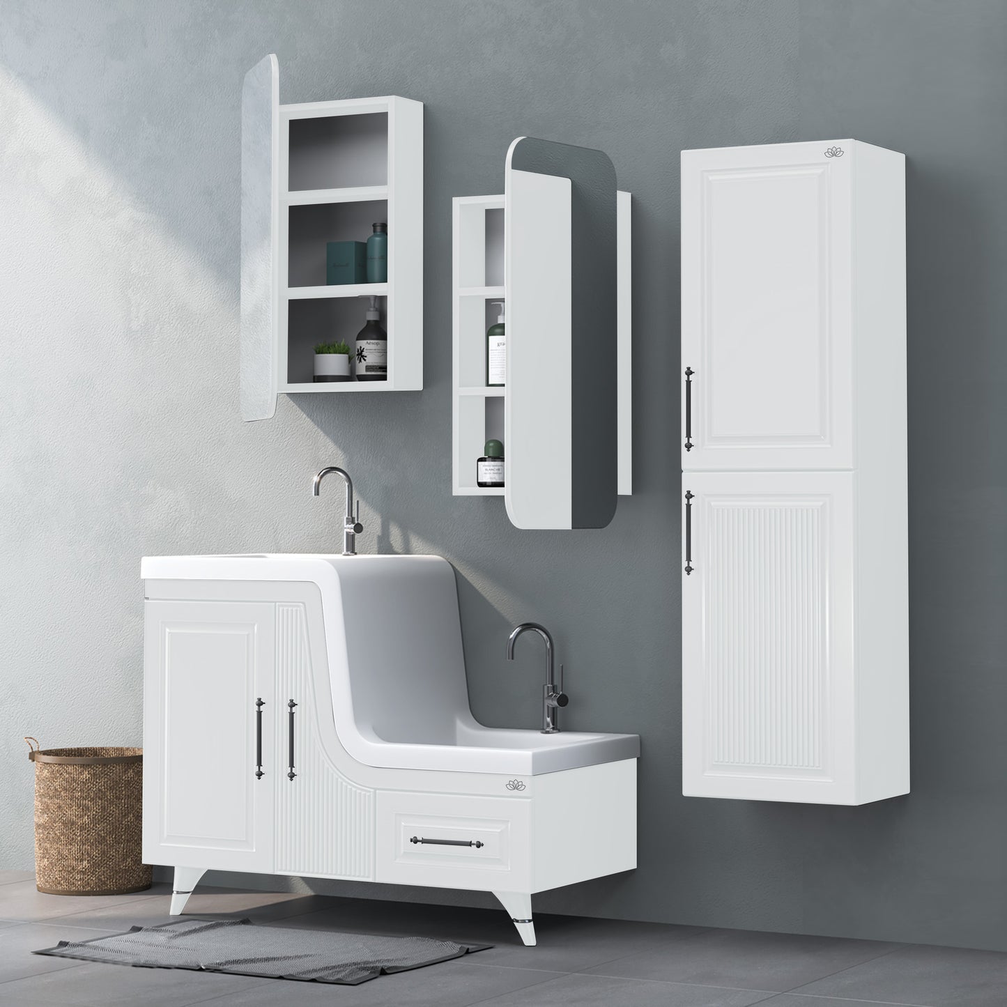 Abdest lavabolu banyo dalabı, raflı ayna üst dolabı ve boy dolabından oluşan, beyaz renkli Ceylin banyo mobilyası seti