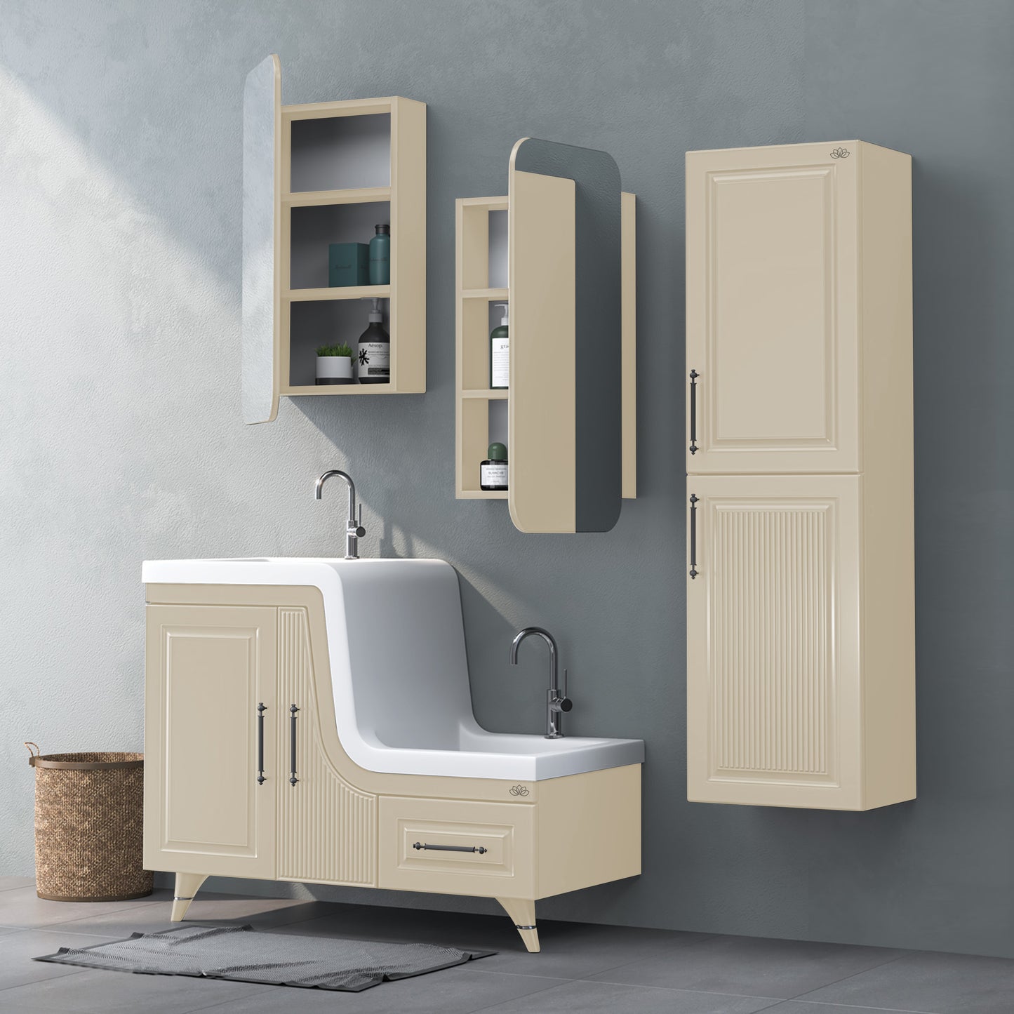 Abdest lavabolu banyo dalabı, raflı ayna üst dolabı ve boy dolabından oluşan, sahra renkli Ceylin banyo mobilyası seti