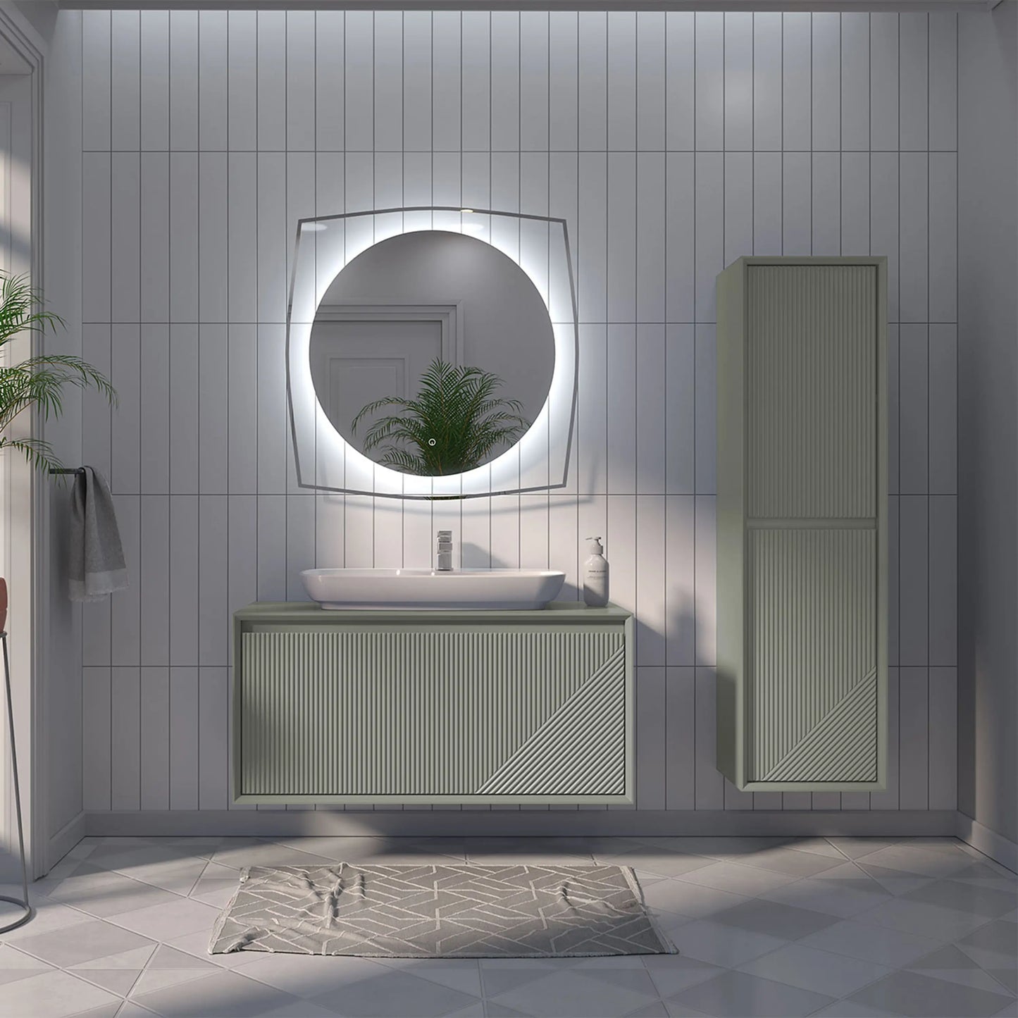 100 cm Este Banyo mobilyası shower yeşili tezgah üstü seramik lavabolu banyo dolabı alt modülü, boy dolabı ve led aydınlatmalı ayna SET