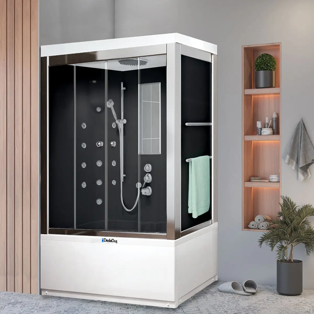 Siyah-beyaz renkli, jakuzili, askı aparatlı, buharlı, masajlı, müzikli, GROHE Aren çift kişilik kompakt duşakabin, Dede Duş, Antalya