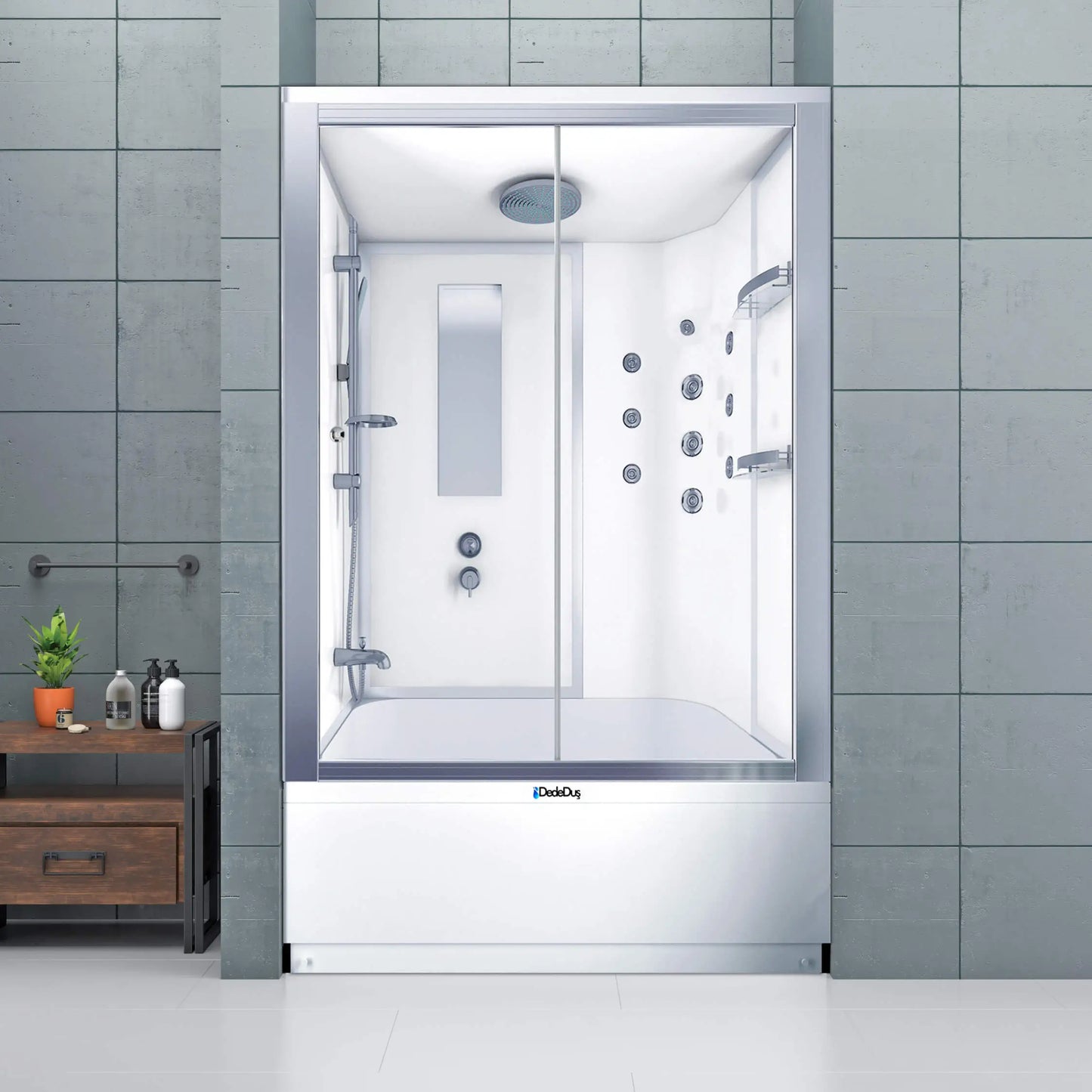 Beyaz renkli, küvetli, jakuzili, buharlı, müzikli, GROHE Simon duvar arası kompakt duşakabin, Antalya