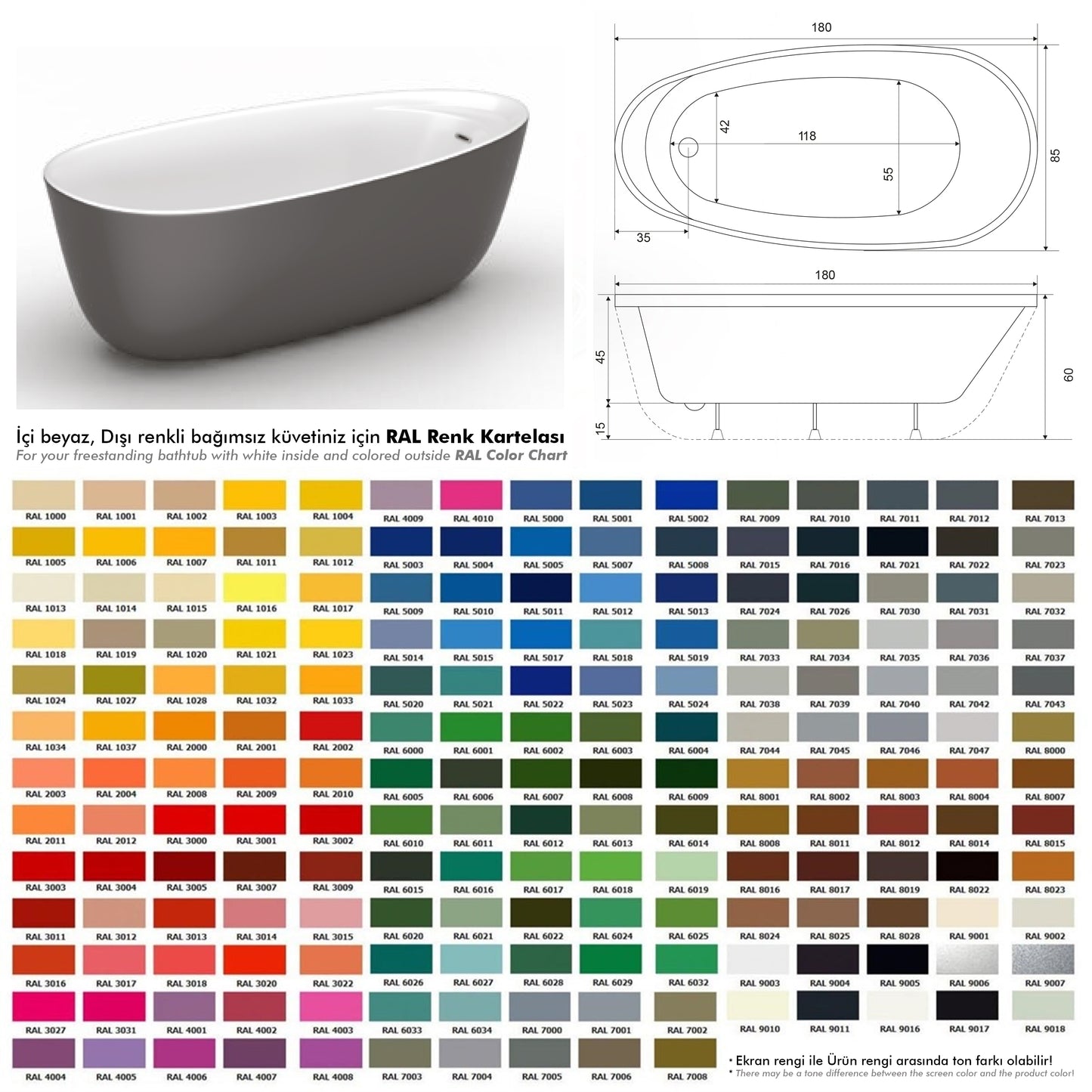 Maya Colorful bağımsız jakuzi küvet RAL renkleri ve ölçüleri, Türkiye