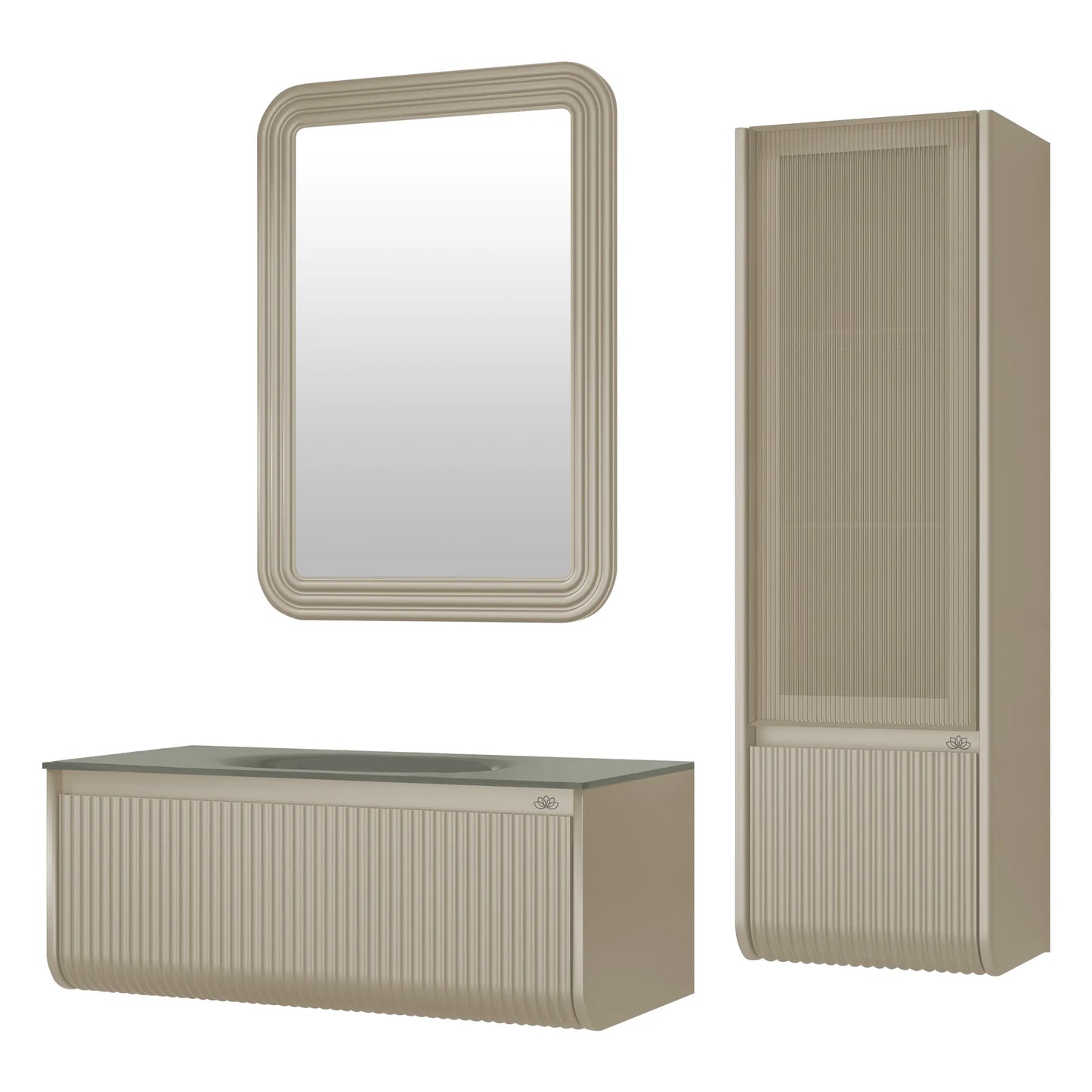 Petra Banyo Mobilyası Seti: Sahra renkli mdf lake boyalı, alt modül, üst modül ve oy dolabından oluşmaktadır.