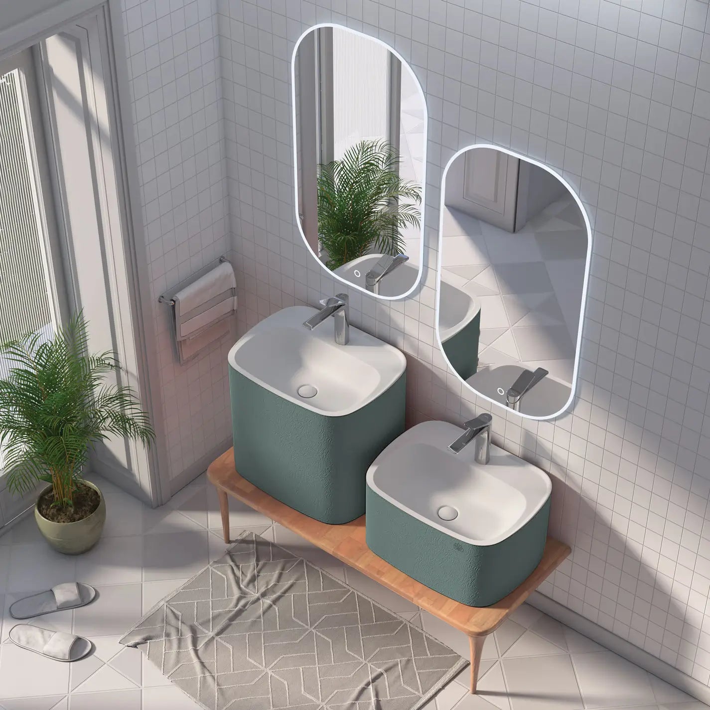 Tios 120 cm banyo mobilyası seti: Masif Ayaklı Tablalı, mat lake petrol mavi renkli, 2 adet Touchwarm Lavabo ve 2 adet Dokunmatik Ledli Ayna takımı