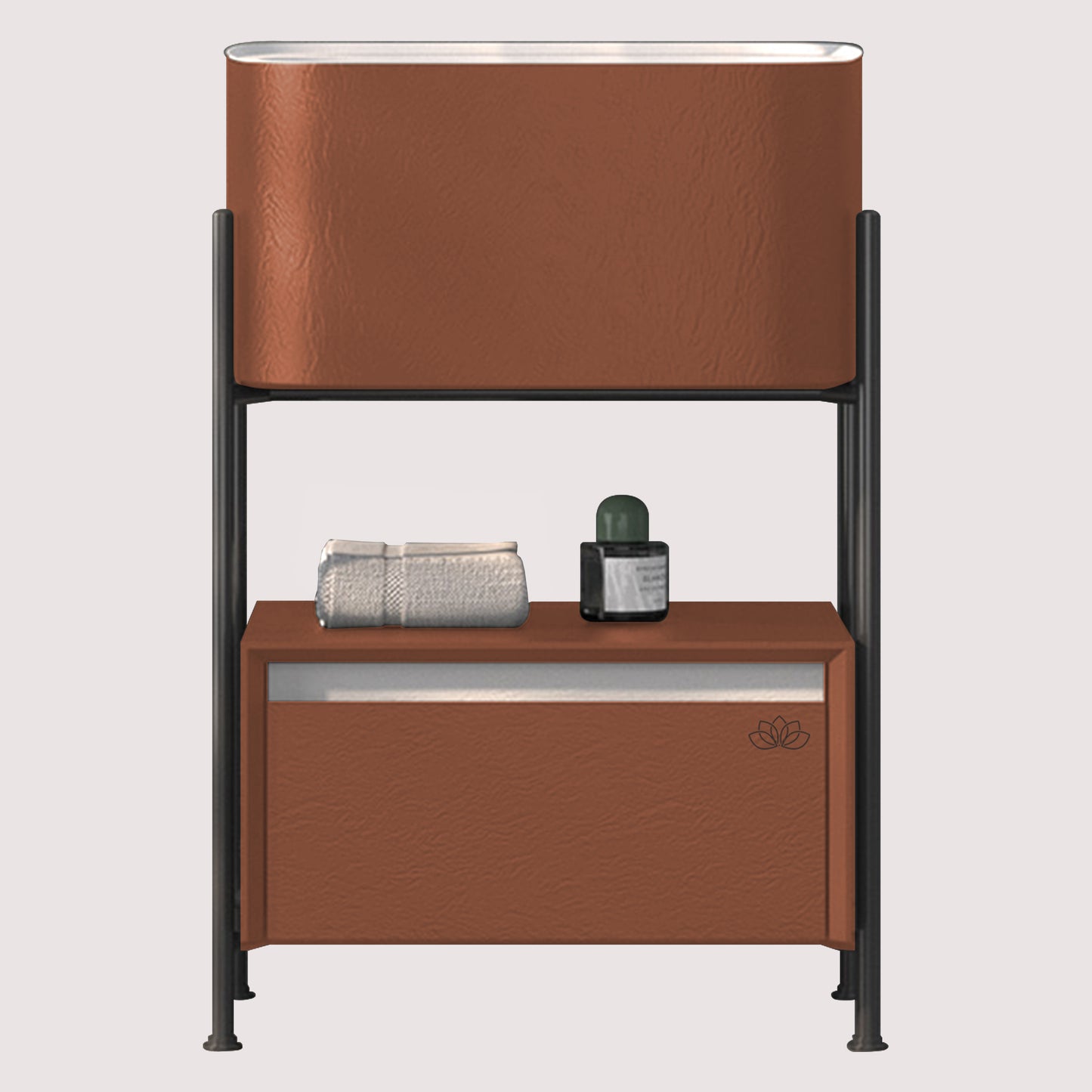 İron banyo dolabı, 55 cm, tarçın renkli, demir platformlu, çekmeceli ve raflı, Touchwarm lavabolu alt modül