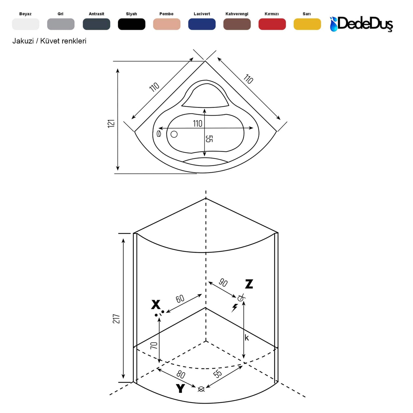 110x110cm, oval jakuzili kompakt duşakabin teknik ölçüleri, PRO Topselvi, Dede Duş, Kuzguncuk