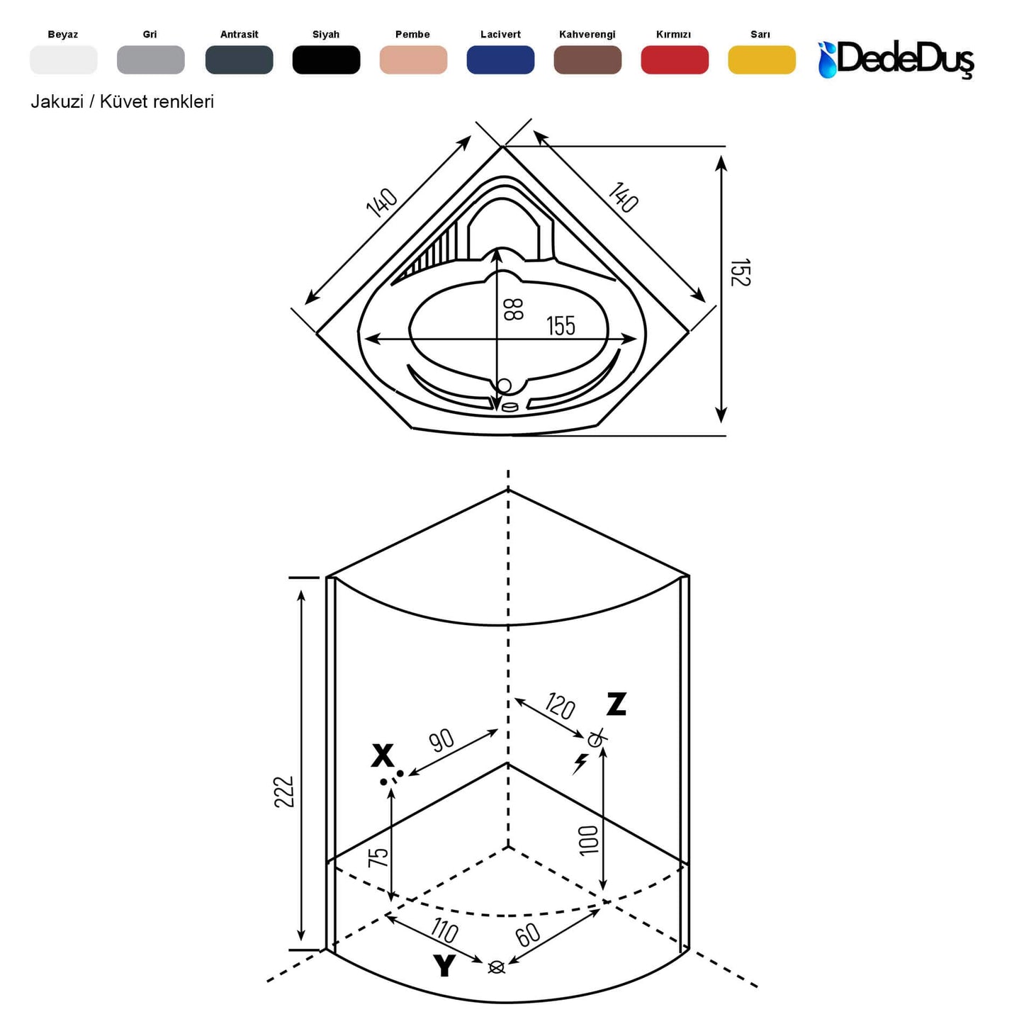 Beşgen küvetli, radyolu, buharlı ve jakuzi fonksiyonlu kompakt duşakabin teknik ölçüleri, PRO Yalı, Dede Duş, Çekmeköy