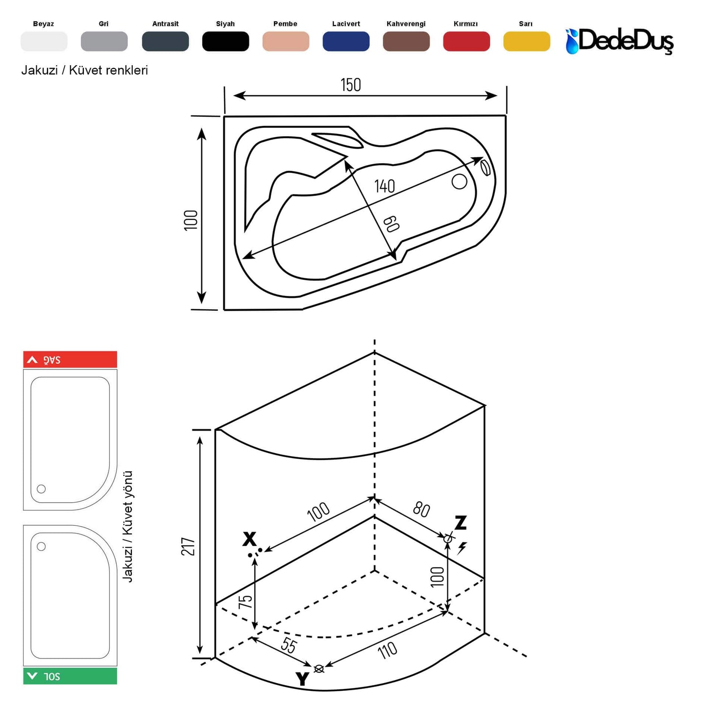 150x100cm, asimetrik küvetli kompakt duşakabin ölçüleri, buhar ve jakuzi opsiyonlu, PRO Gümüşpınar, Dede Duş, İstanbul