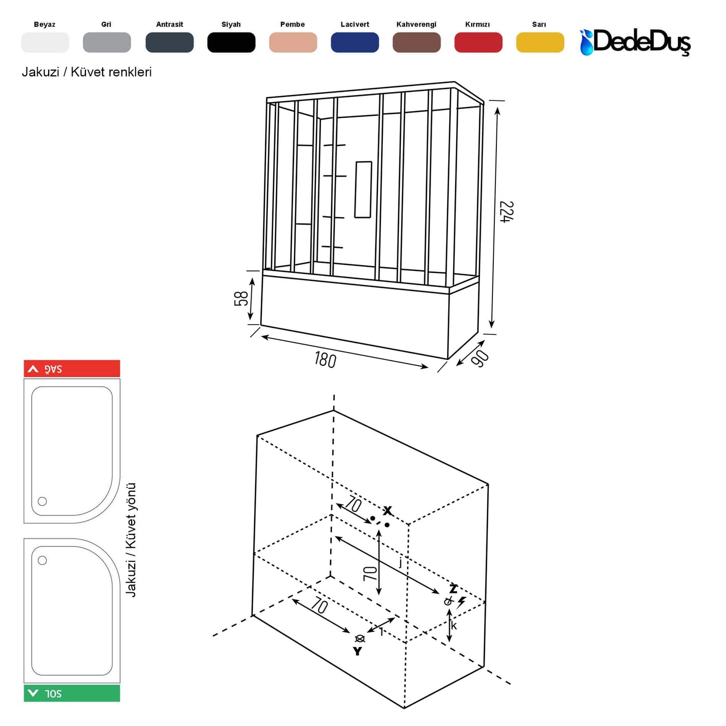 90x180cm Dikdörtgen küvetli buharlı kompakt duşakabin teknik ölçüleri, PRO Kordonboyu, Dede Duş, Ankara