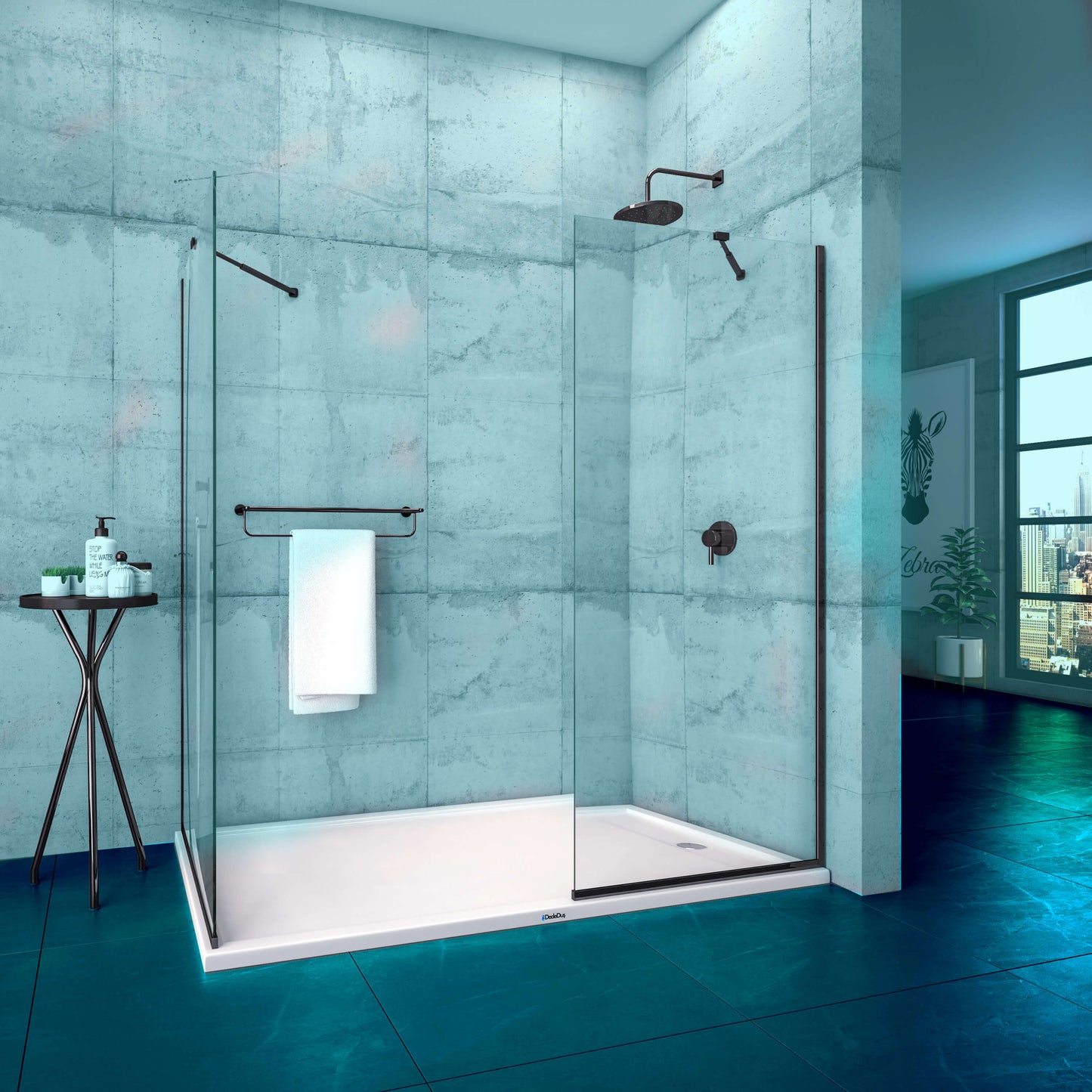 Siyah renk profilli, 2 sabit panelli, walk-in, önden girişli, kapısız seperatör cam duşakabin, Dede Duş, Çengelköy, Üsküdar, İstanbul