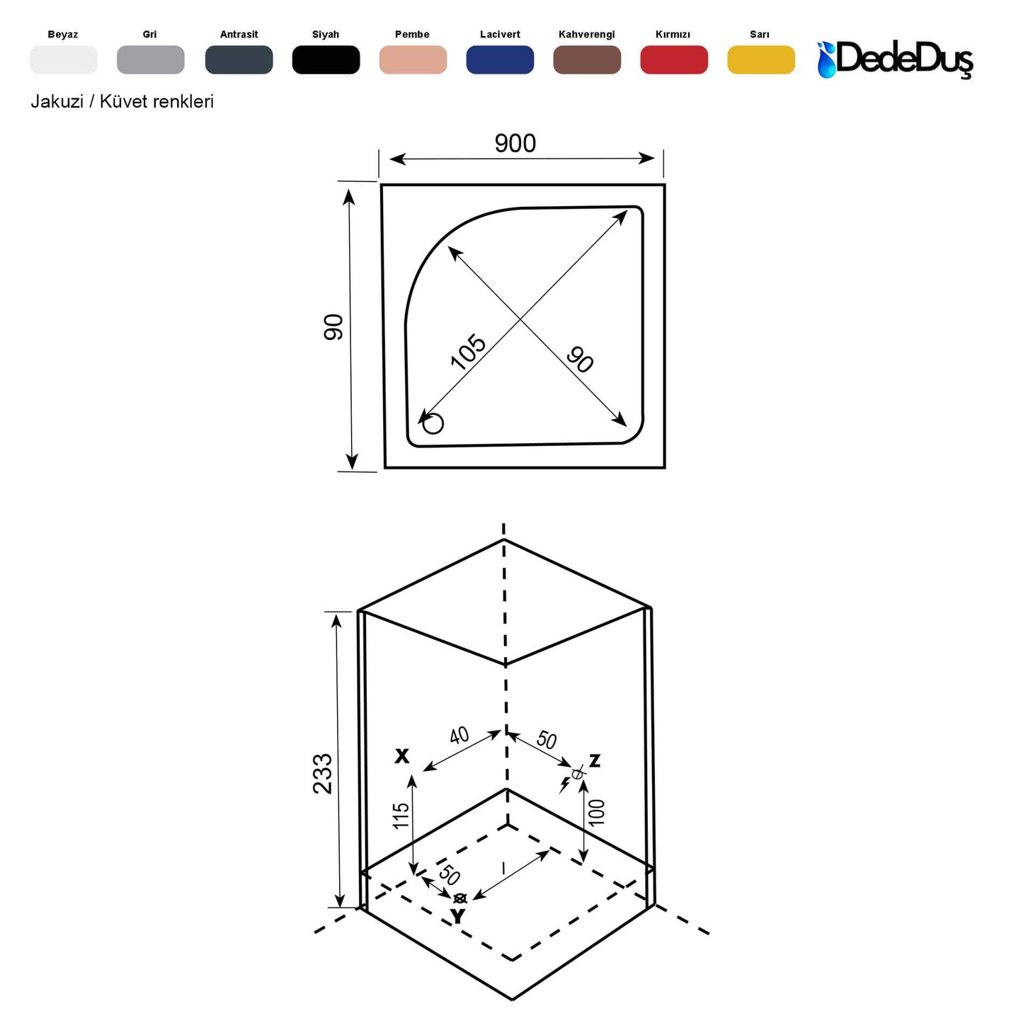 90x90 cm kare tekneli kompakt duşakabin teknik ölçüleri, masajlı, buharlı sistem, PRO Esentepe, Dede Duş, Çengelköy