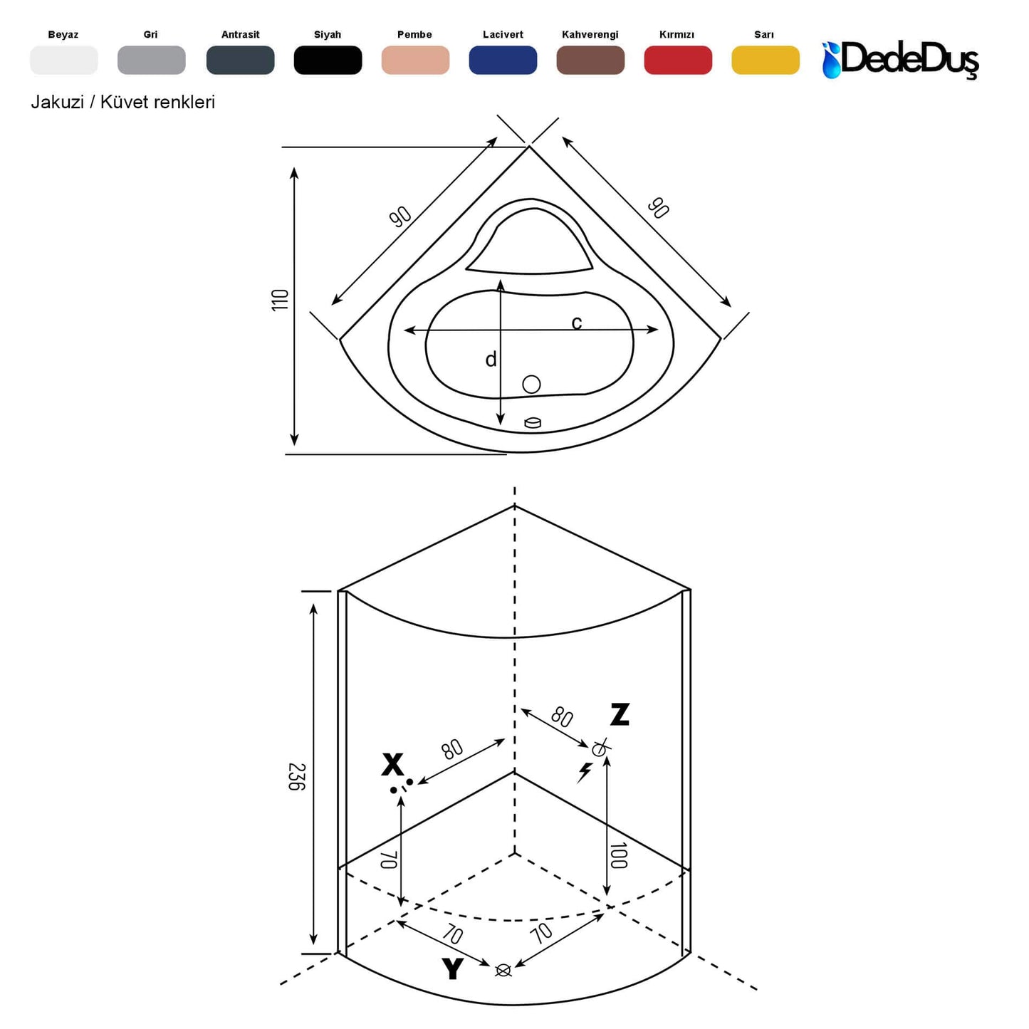 90x90 ve 100x100 cm, küvetli oval kompakt duşakabin teknik ölçüleri, PRO Soğanlık, Dede Duş, Pendik