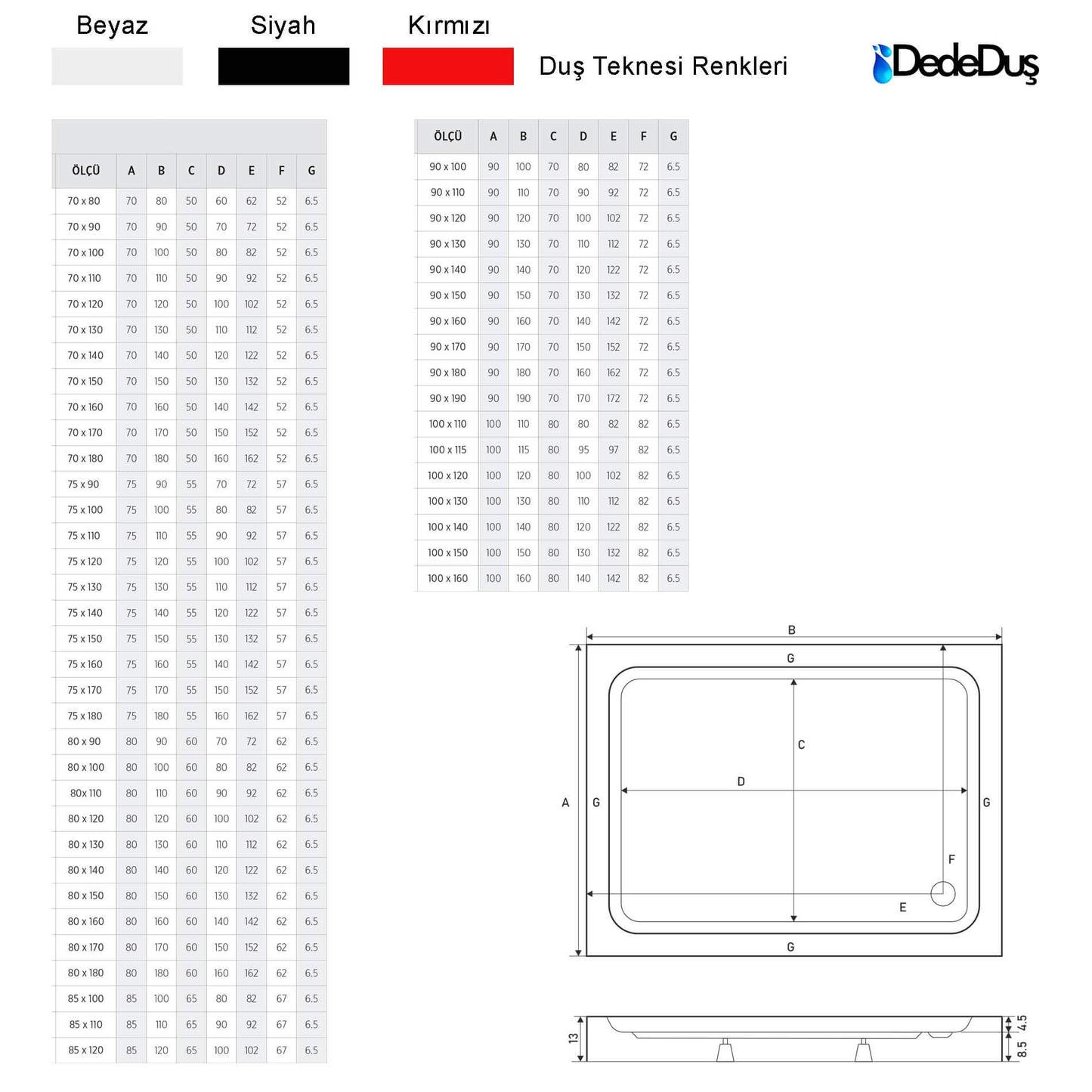 dede duş akrilik dikdörtgen monoblok duş teknesi ölçüleri mod Güngören