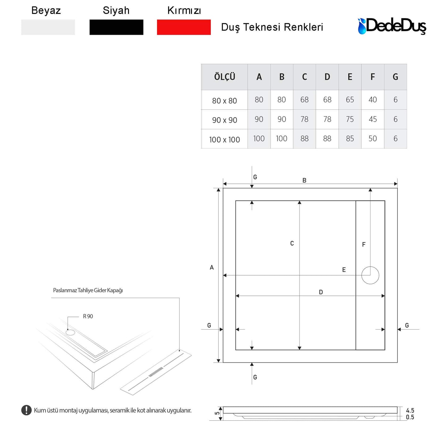 dede duş akrilik kare hemzemin duş teknesi ölçüleri mod plus Şile