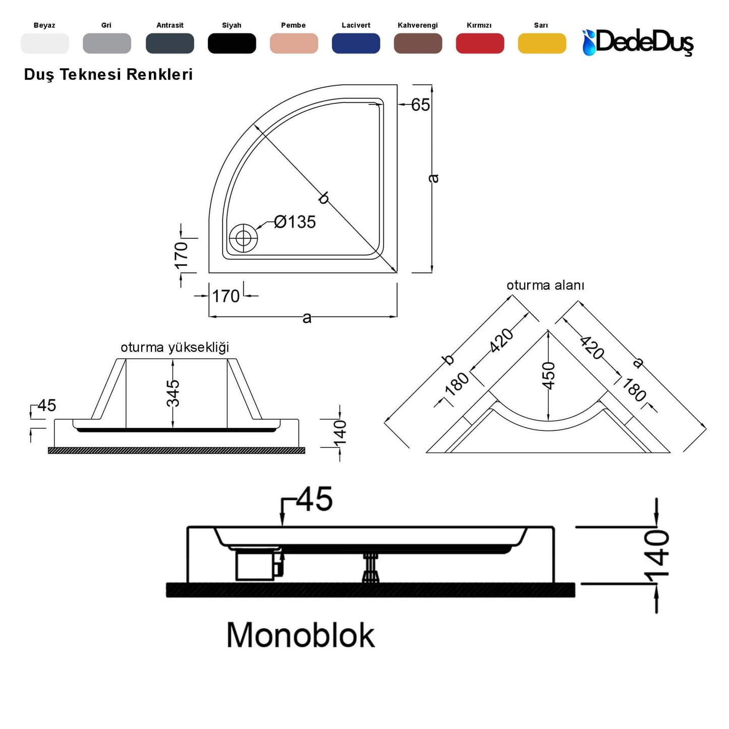 dede duş lüks oval monoblok oturmalı duş teknesi ölçüleri pro Balıkesir