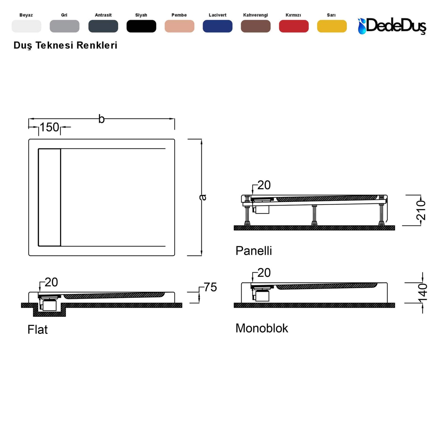 dede duş lüks kare flat duş teknesi ölçüleri pro plus İstanbul