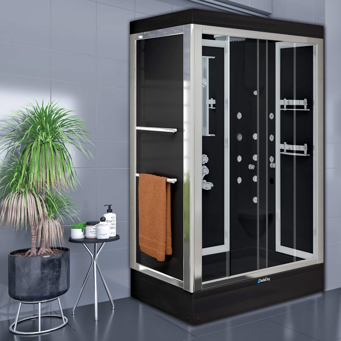 siyah renkli, askı aparatlı, buharlı dikdörtgen kompakt duşakabin, MOD Rize, Dede Duş, Suadiye