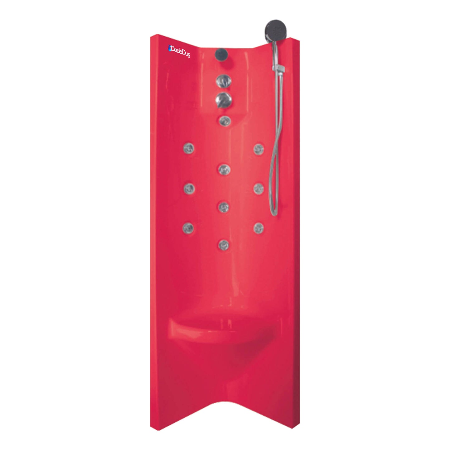 Kırmızı renk, seramik veya duş teknesi üzeri, oturmalı, akrilik gövdeli, tepe ve el duşlu, 10 adet şok jetli, şok duş paneli, Mod 004, Dede Duş, Bursa