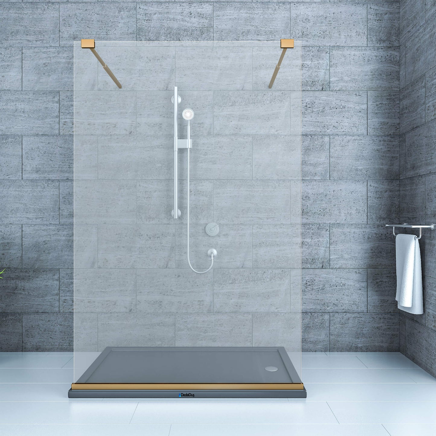 Gold profilli, 1 sabit, otel tipi, seperatör, 2 yandan girişli, kapısız walk-in cam paravan duşakabin, Dede Duş, Çengelköy, Üsküdar, İstanbul