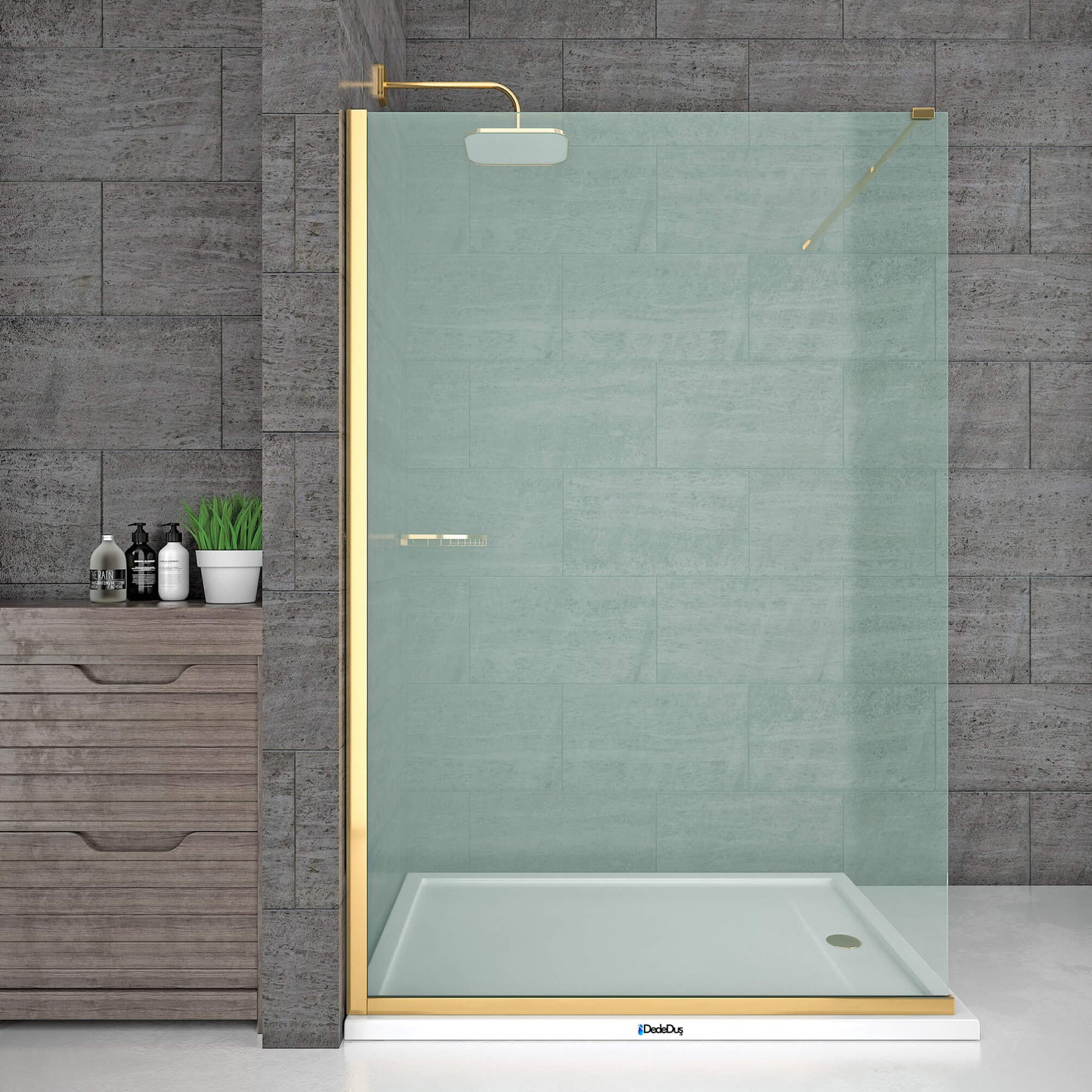 Altın profilli, 1 sabit, tek panel, seperatör, yandan girişli, kapısız walk-in cam paravan duşakabin, Dede Duş, Çengelköy, Üsküdar, İstanbul