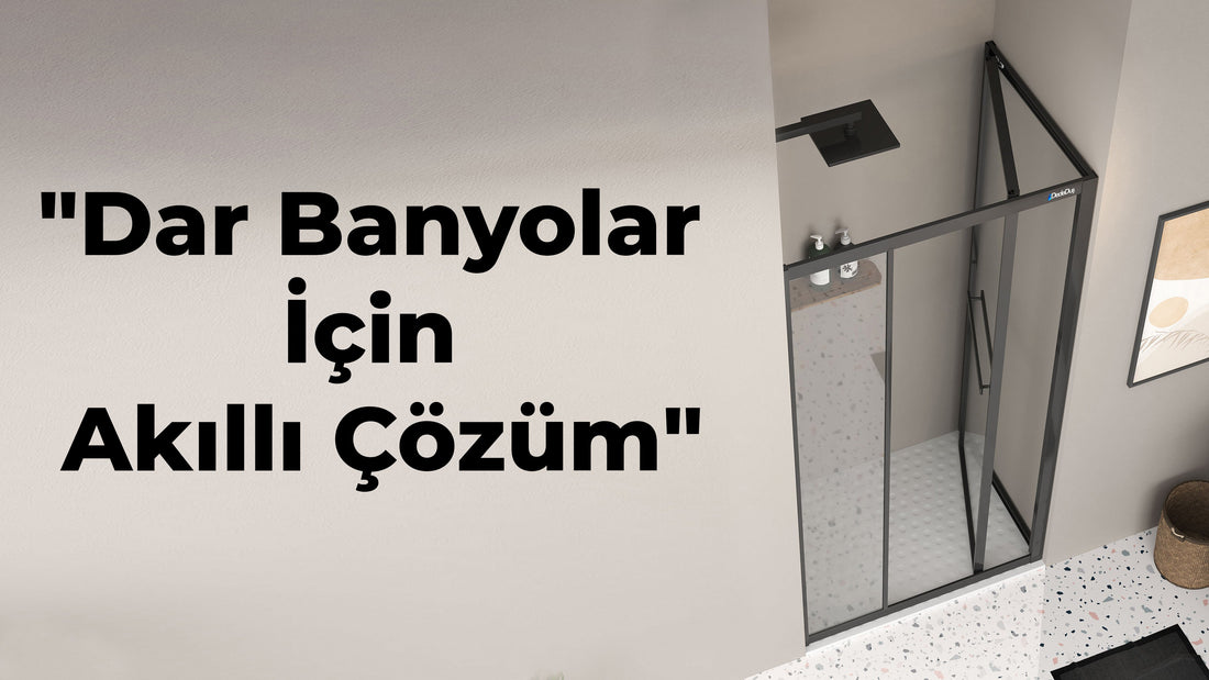Dededuş blog Modern Düzeltmeler kapak görseli: Solda "Dar Banyolar İçin Akıllı Çözümler" yazısı, sağda OMEN içe katlanır duşakabin modeli.