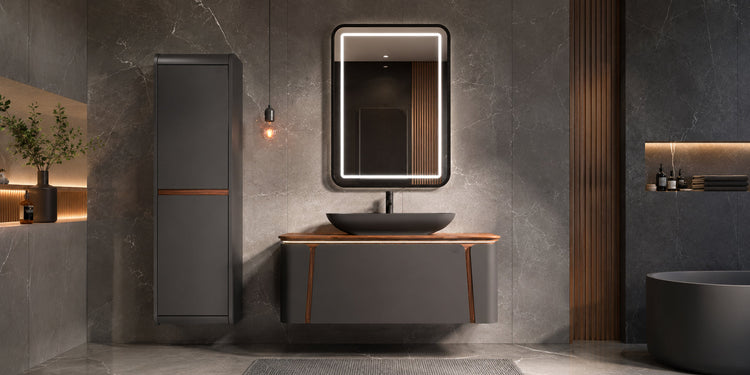 Modern lüks banyoda kişiselleştirilebilir antrasit banyo mobilyası