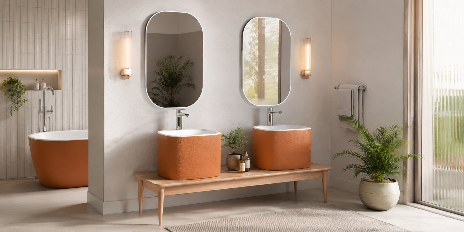 Modern lüks banyoda çift lavabolu tarçın renkli banyo mobilyası modeli