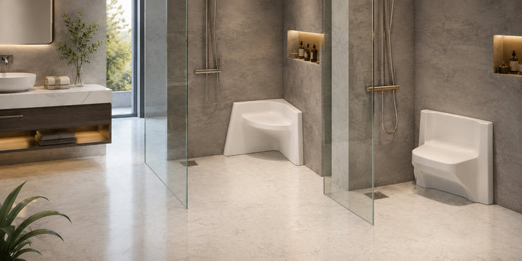 Modern lüks banyoda düz ve köşe akrilik banyo taburesi modelleri