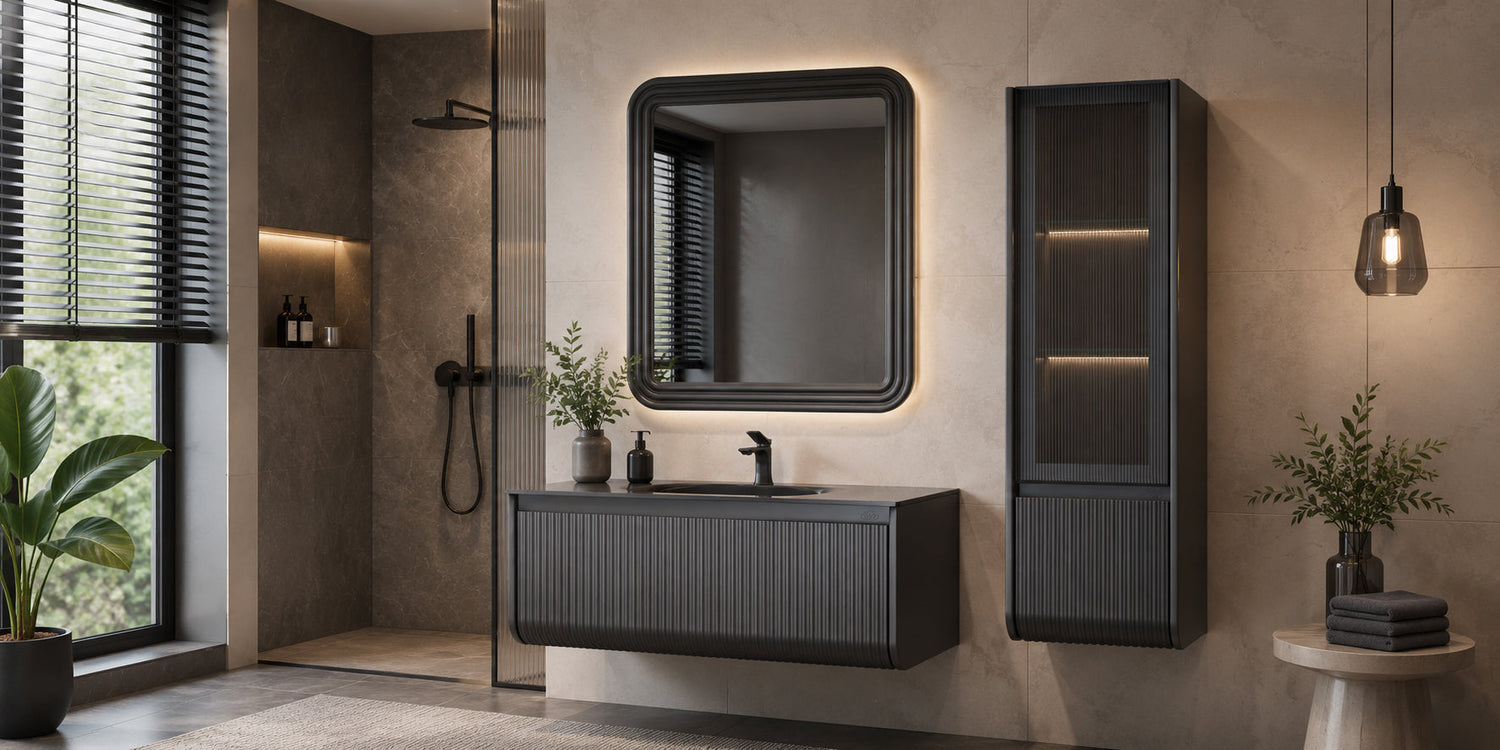 Modern lüks banyoda tek lavabolu antrasit banyo mobilyası modeli