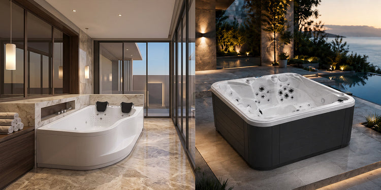 Lüks bir banyoda köşe duvara yaslı iç mekan jakuzi ile modern terasta dış mekan spa jakuzisi