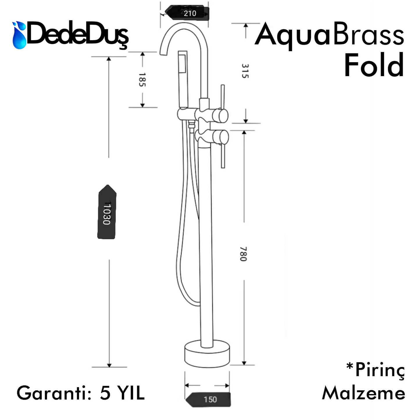 Yerden küvet bataryası, AquaBrass Fold ölçüleri