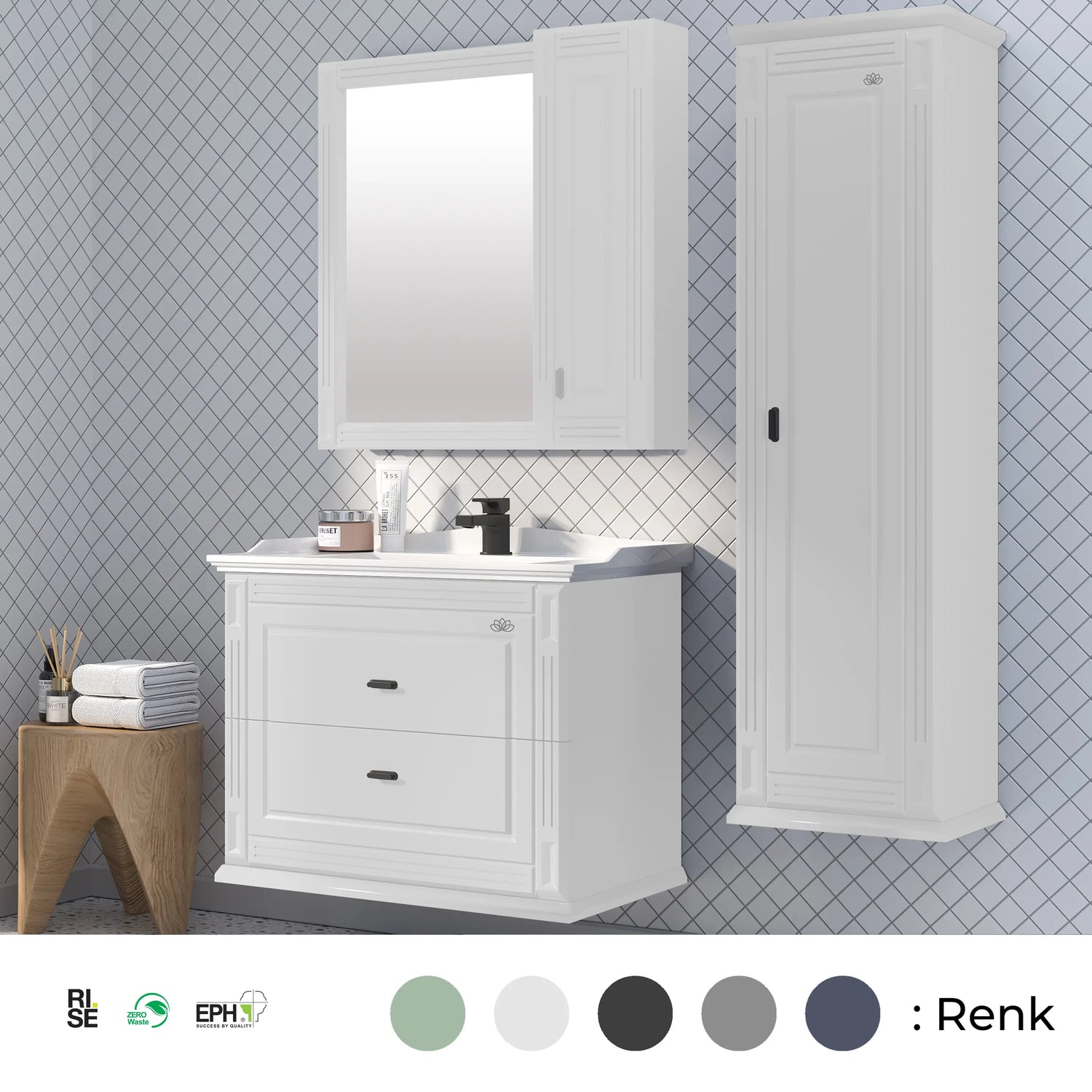 Dede Duş - Sereno Cristal 100cm mat lake beyaz banyo seti. 