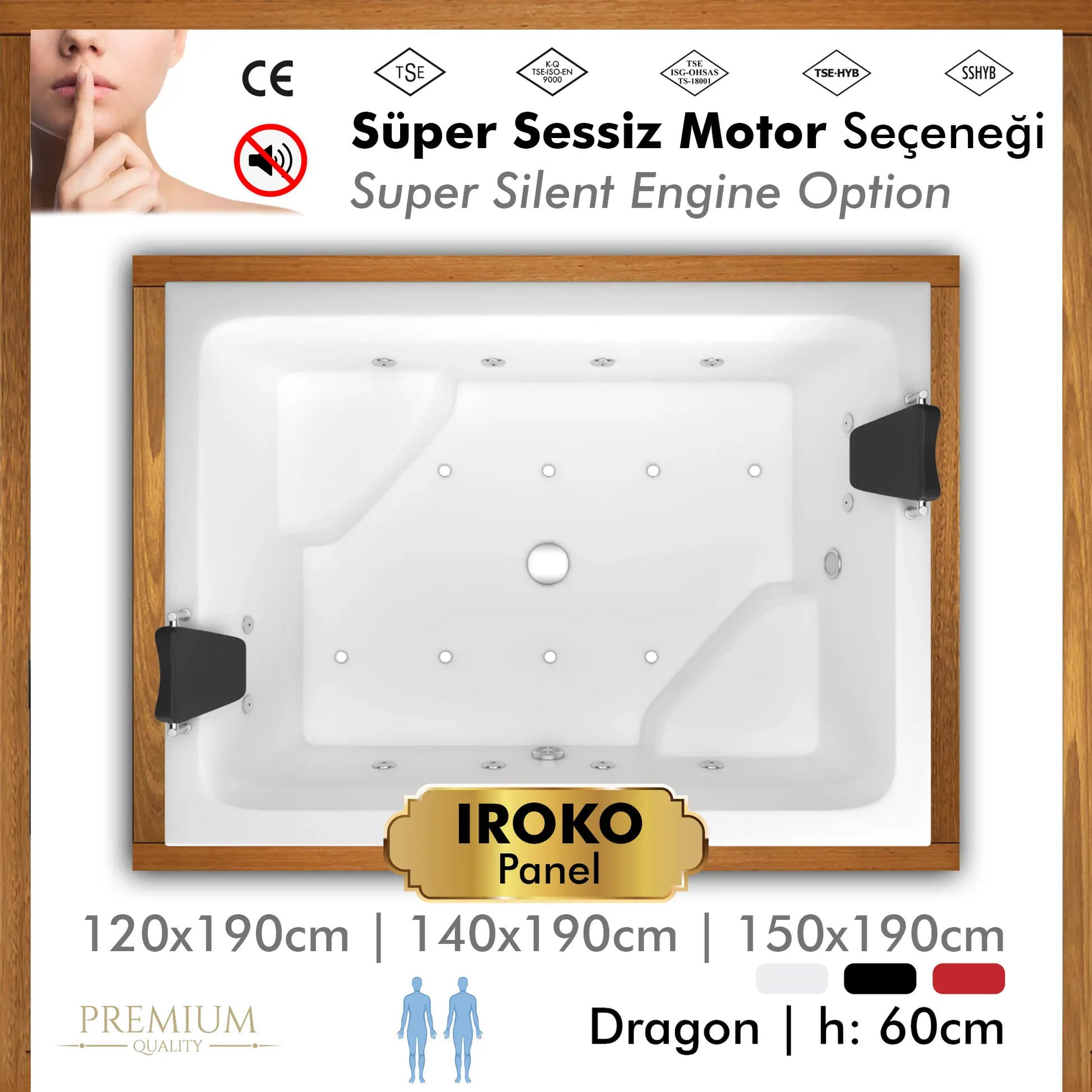 Shower Dragon oturmalı özel küvet, İroko platform ve panelli, sessiz jakuzili, Türkiye