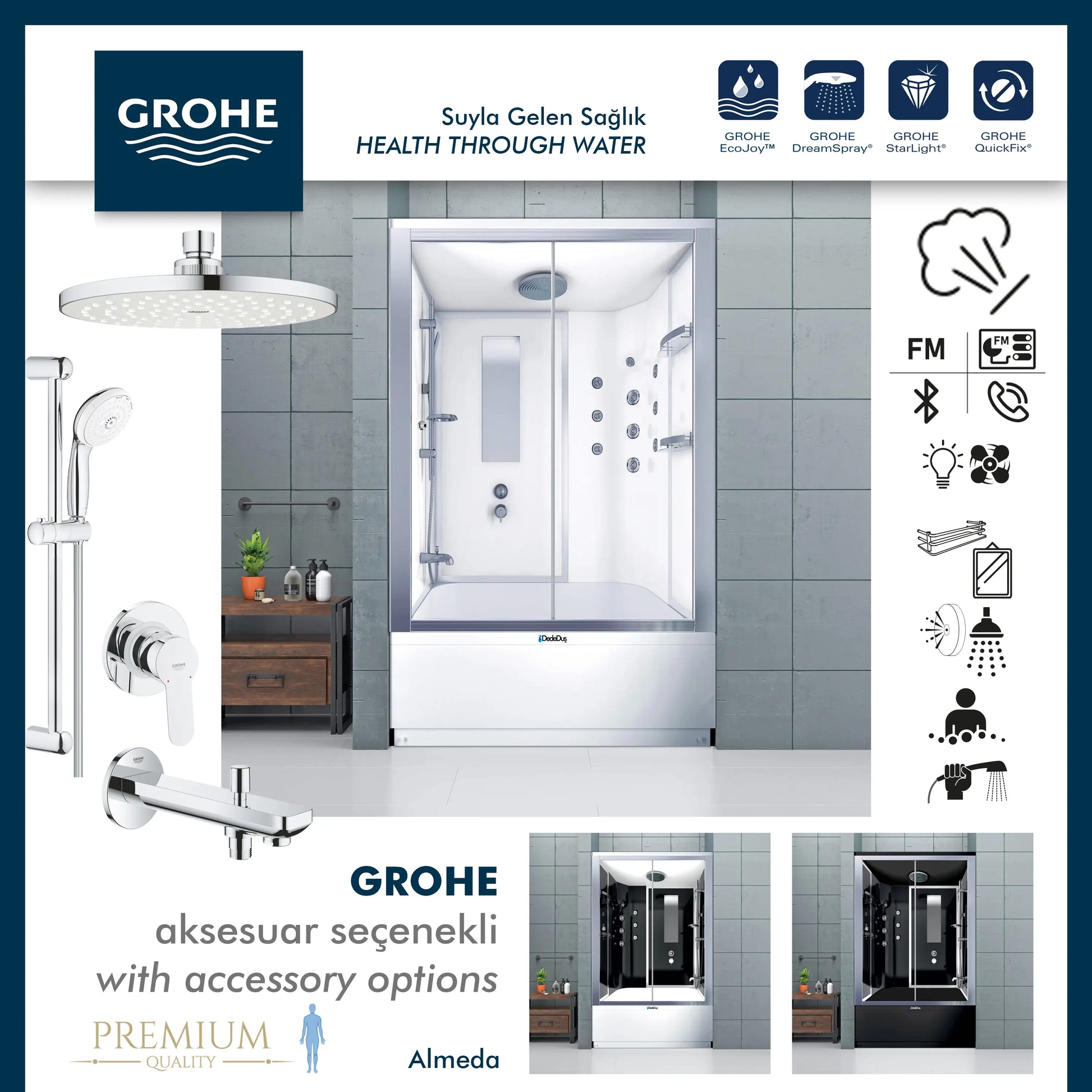 Grohe | Almeda Kompakt Duş Sistemi, müzikli, buharlı, masajlı, Bluetooth bağlantılı.