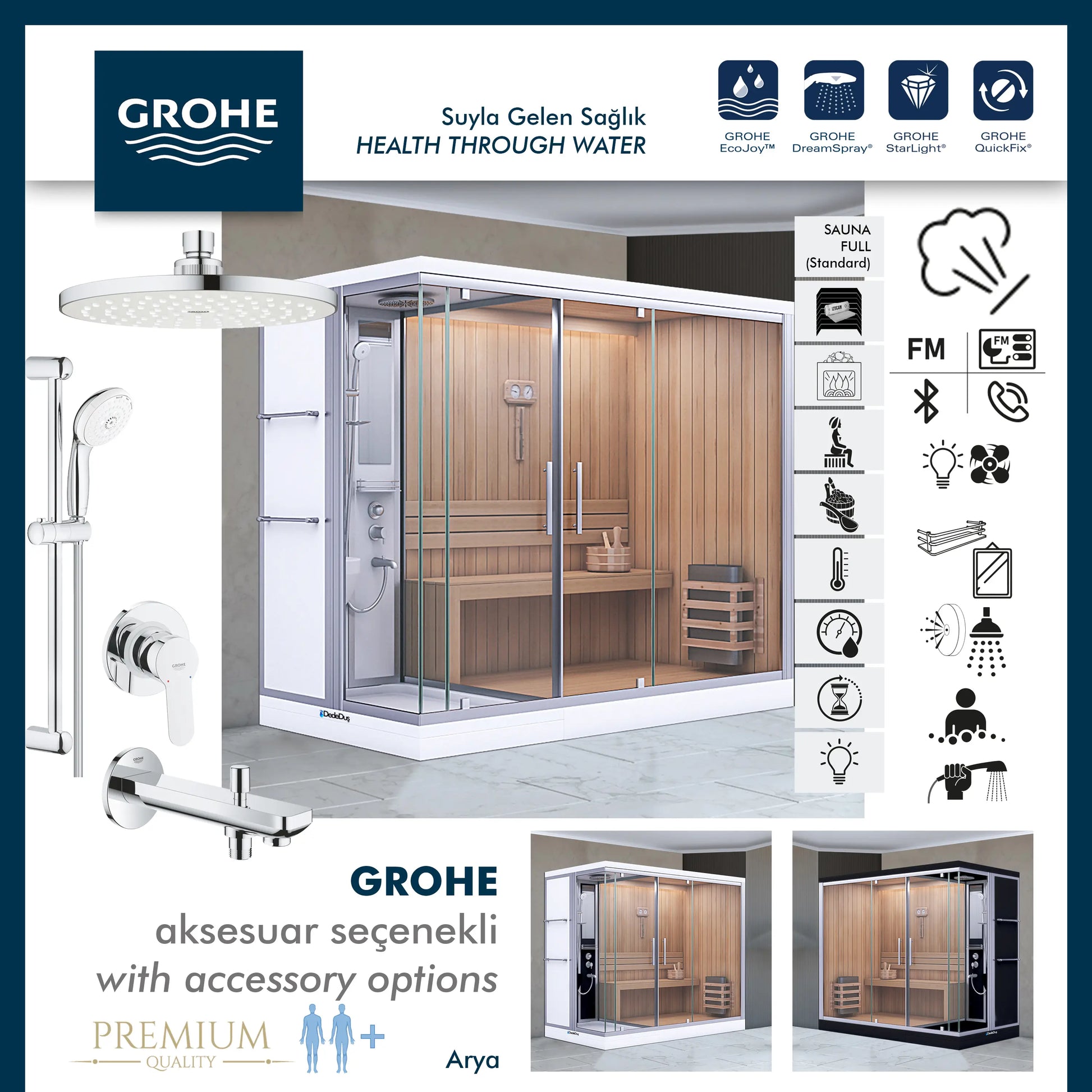 Grohe | Arya Camlı Saunalı, buharlı, müzikli, masajlı Kompakt Duş Sistemi
