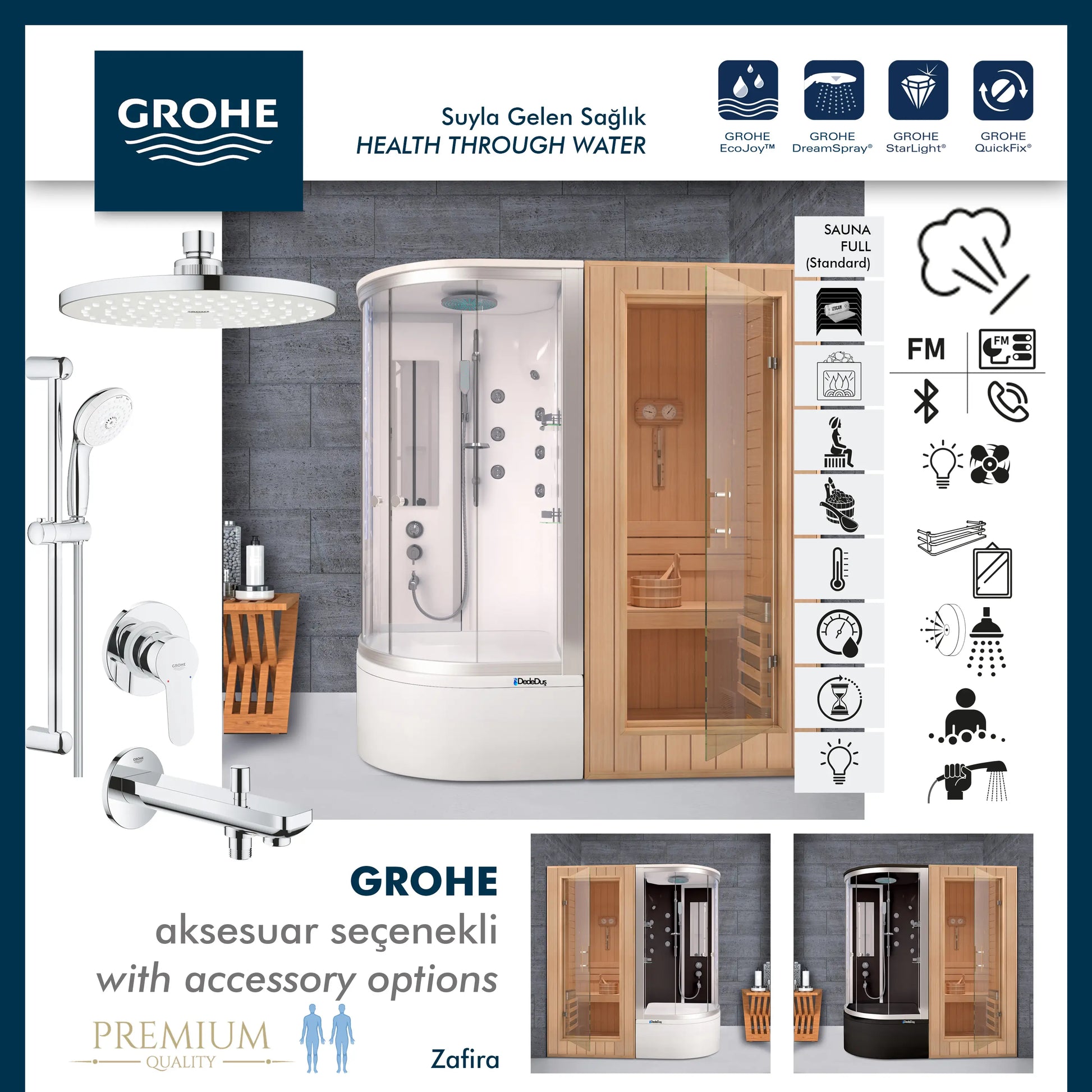 Grohe | Zafira Saunalı Kompakt Duş Sistemi (buharlı, müzikli, masajlı, jakuzili)