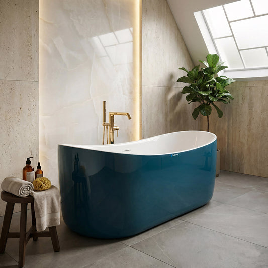 Lüks mermer banyolarda kusursuz bir spa ritüeli sunan, siyah ayaklı batarya ile kombinlenmiş Monart premium küvet.