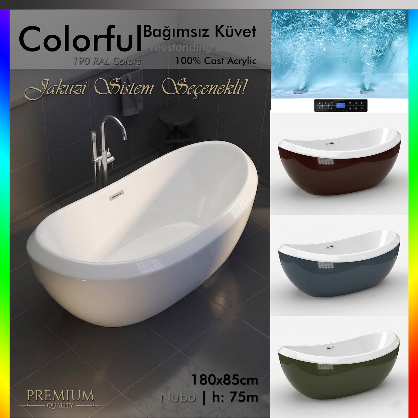 Colordul Nubo 180x85 cm bağımsız jakuzili küvet