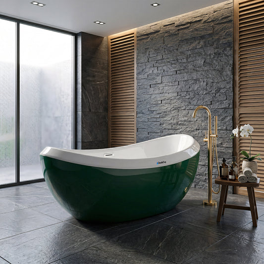 Doğal taş ve ahşap konseptli elit banyolarda odak noktası haline gelen Nubo serisi lüks freestanding küvet.