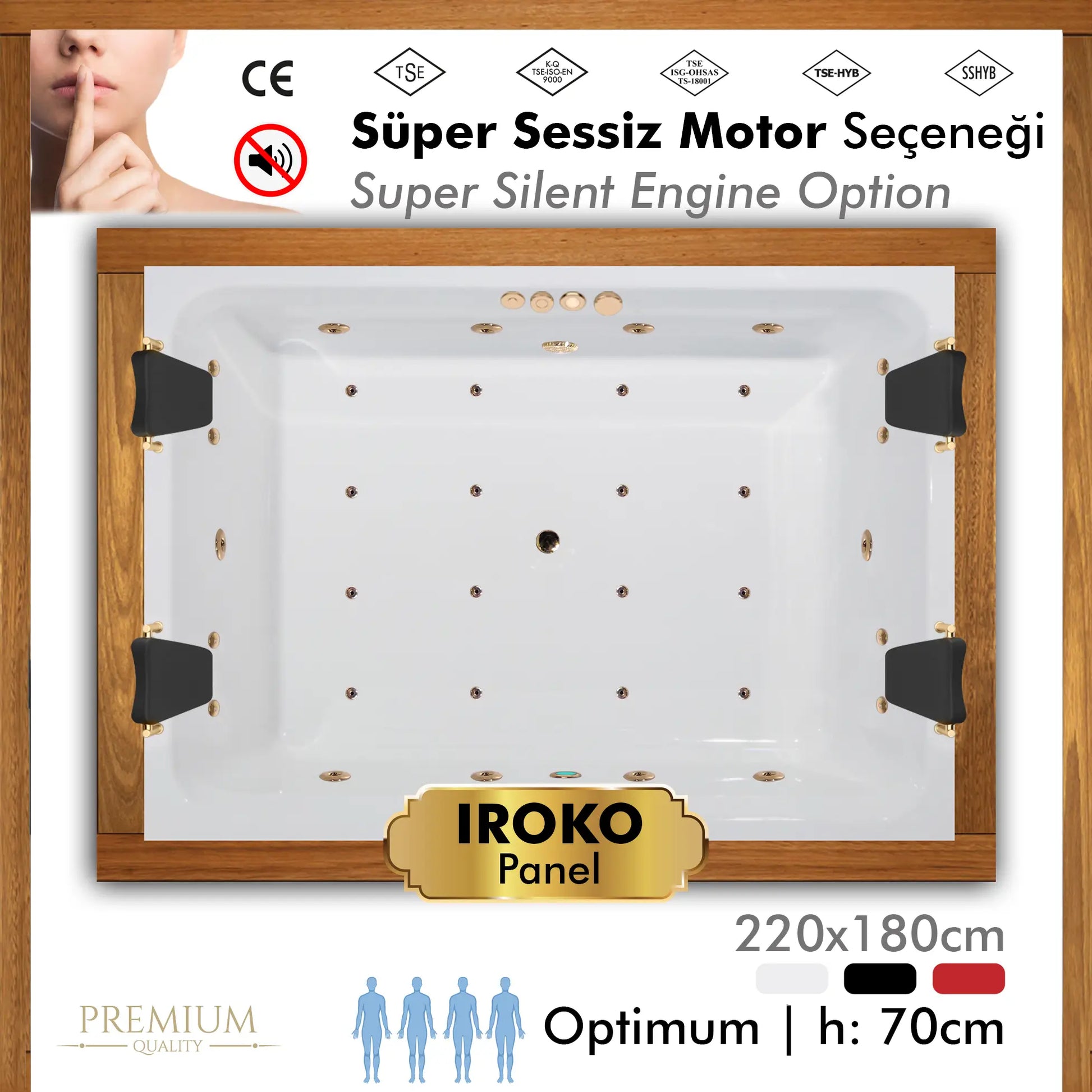 Shower Optimum Plus özel küvet, 180x220cm, 4 kişilik iroko panelli sessiz jakuzi, Türkiye
