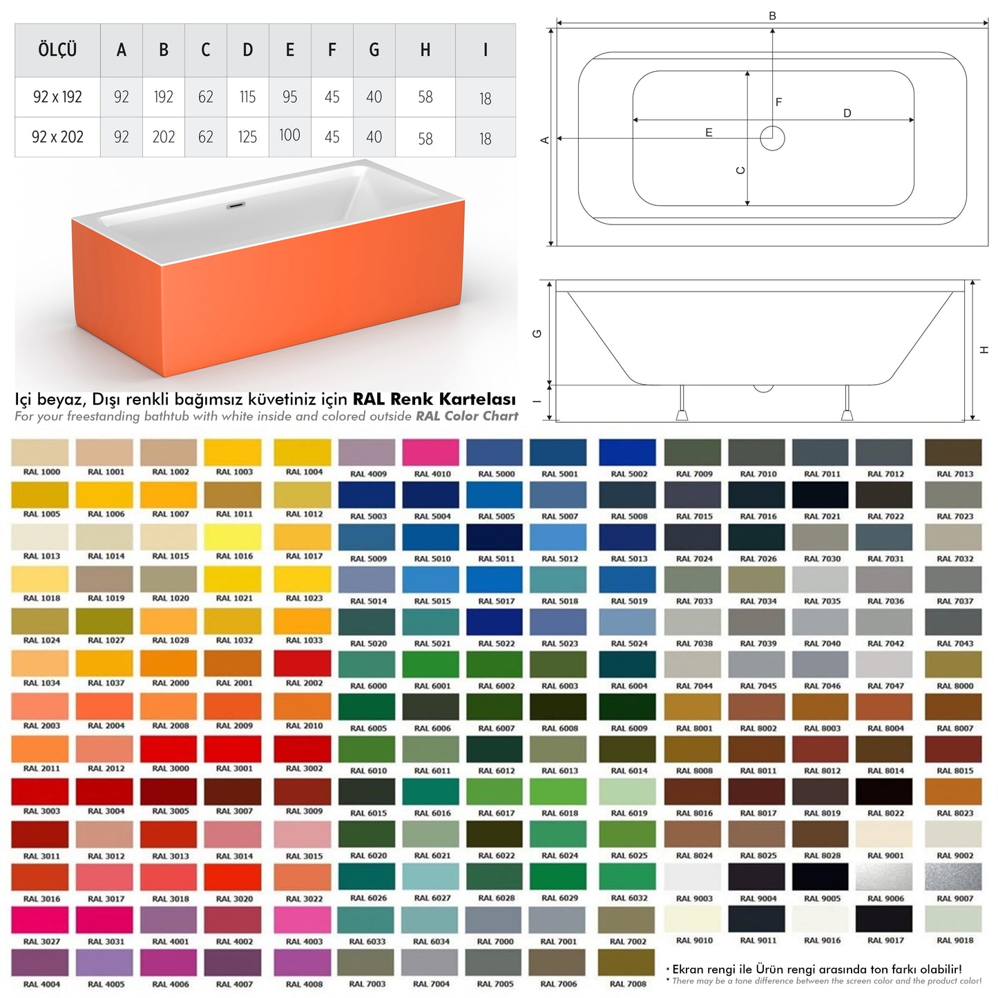 Sharp Plus Colorful bağımsız jakuzi küvet ölçü ve renkleri, Türkiye