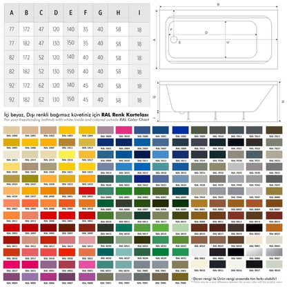 Sharp Colorful bağımsız küvet jakuzi RAL renkleri ve ölçüleri, Türkiye