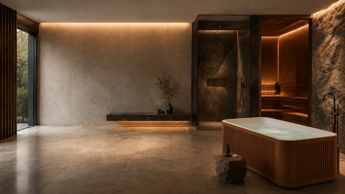 Dede Duş lüks wellness banyo konsepti, ahşap kaplamalı bağımsız jakuzi, sauna ve cam duş alanı