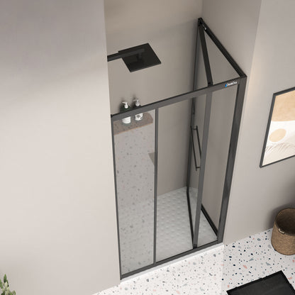 iki duvar arası Shower Omen duşakabin içe katlanır sürgülü sistem siyah profili açık hali