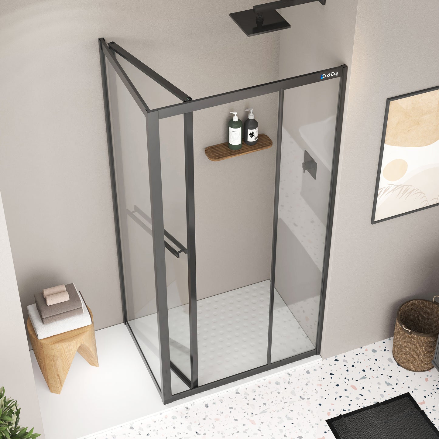 OMEN kare içe katlanır duşakabin siyah profil - açık görünüm