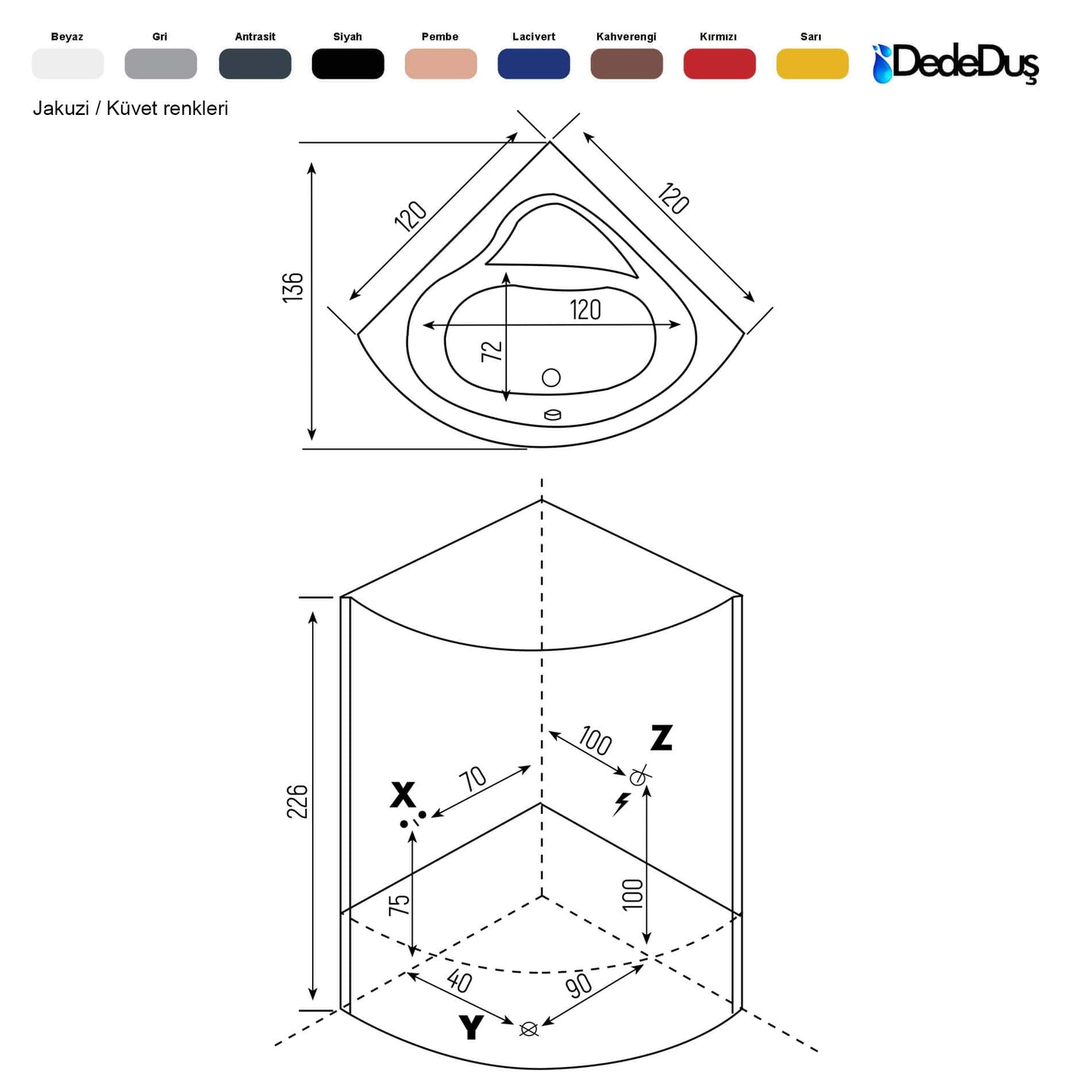 120x120 cm, buharlı ve jakuzili oval kompakt duşakabin teknik ölçüleri, PRO Cevizli, Dede Duş, Üsküdar