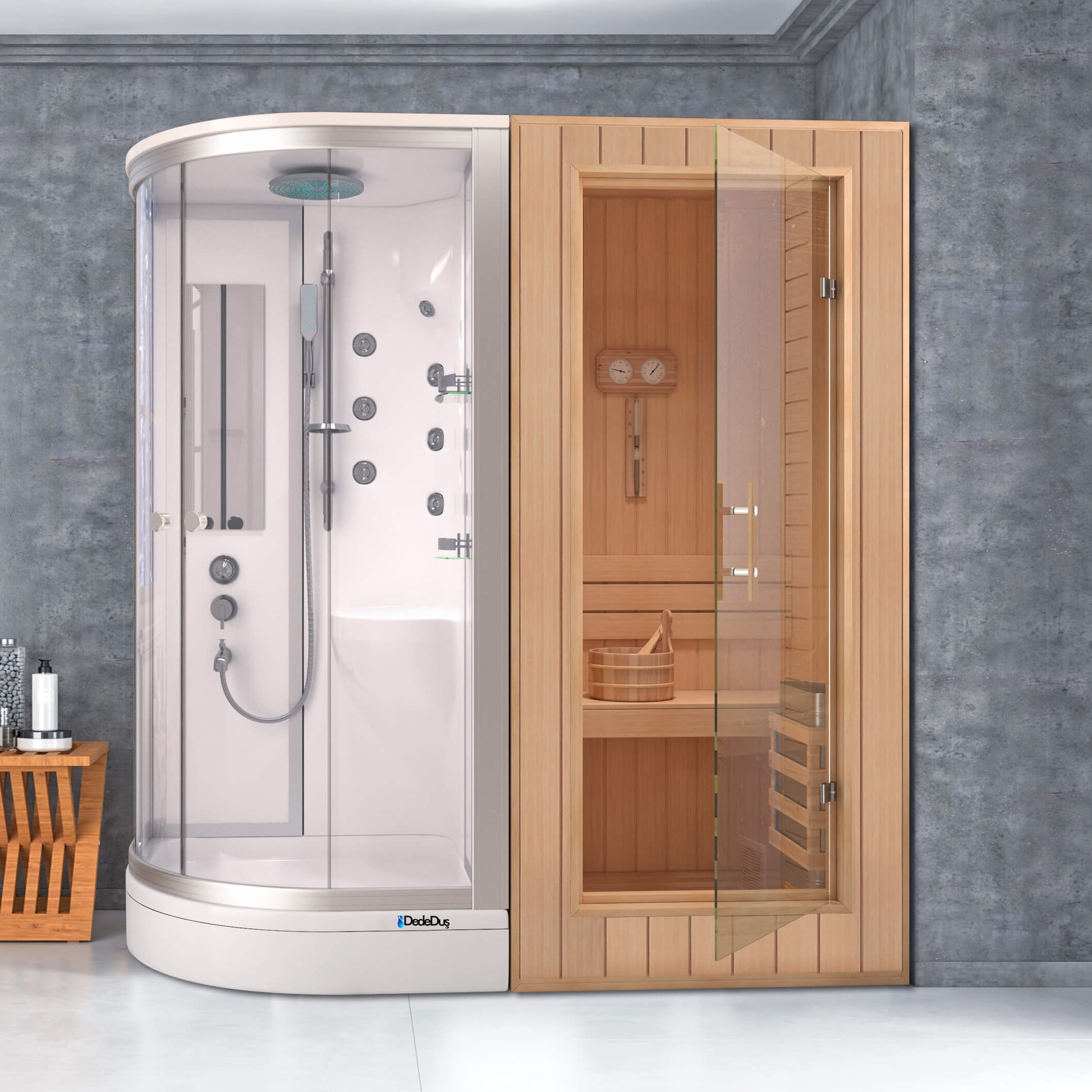 Beyaz asimetrik duş tekneli, kompakt duşakabinli. ev tipi sauna, Dede Duş, Çengelköy, Suadiye, Kadıköy