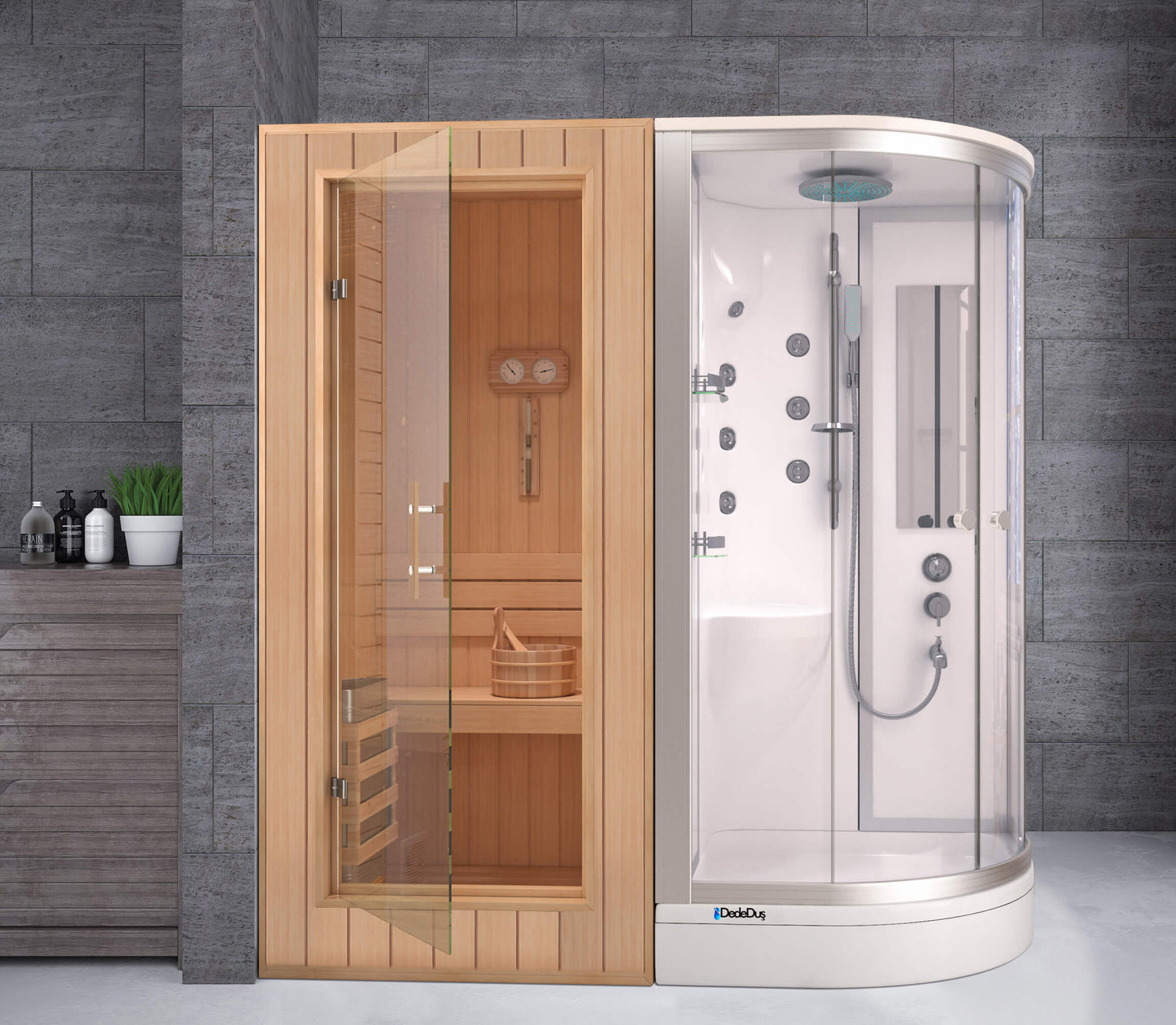 Beyaz oval duş teknesi üzeri masajlı kompakt duşakabinli sauna odası, Dede Duş, Çengelköy, Göztepe, Kadıköy