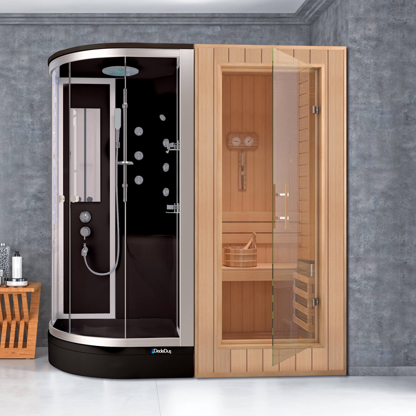 Siyah asimetrik duş tekneli kompakt duşakabinli ev tipi sauna, Dede Duş, Çengelköy, Acıbadem, Koşuyolu
